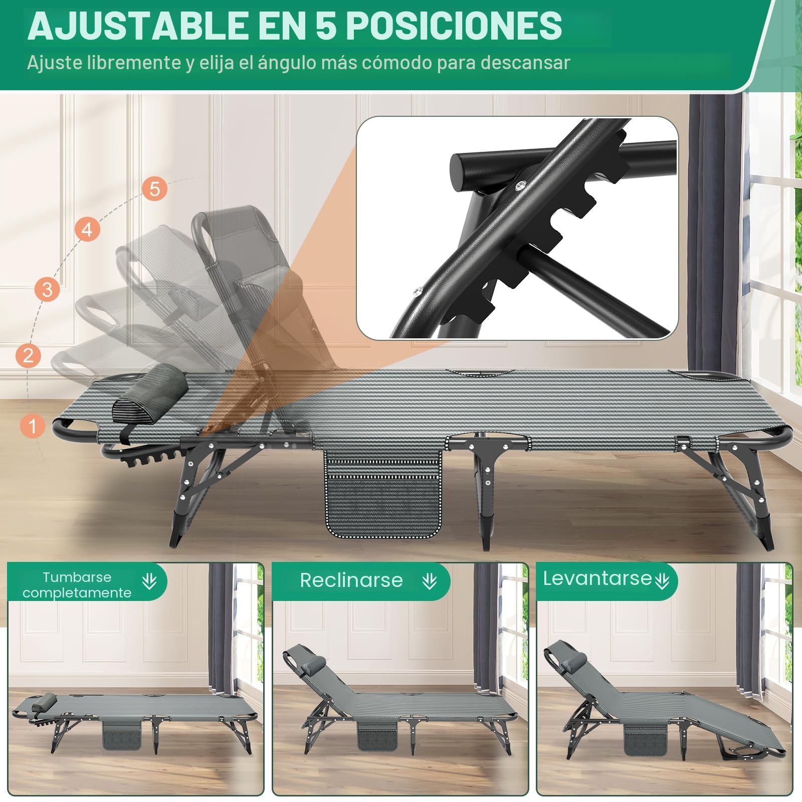 Tumbona Plegable 190x68x28CM para Exterior Jardín/Playa/Piscina con Cojín, Bolsillo Lateral y Reposacabezas