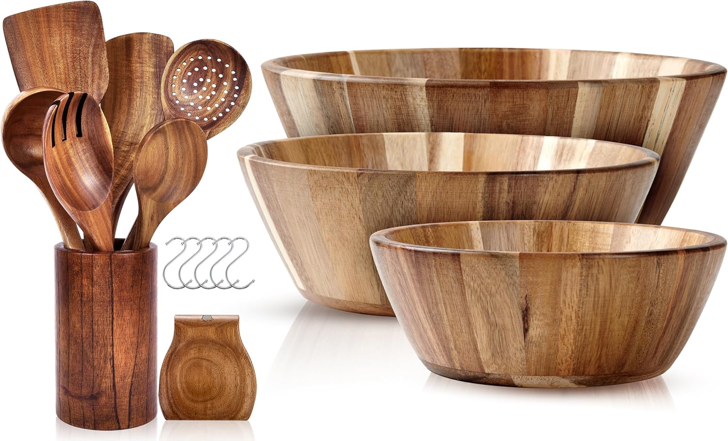 Wooden Utensil Set 8 Pcs with Holder, Spoon Rest, 6 Hooks & Wooden Salad Bowl 3 Pcs - Durable Spoons for Cooking with Comfort Grip - Round Design Large Bowl Set for Serving