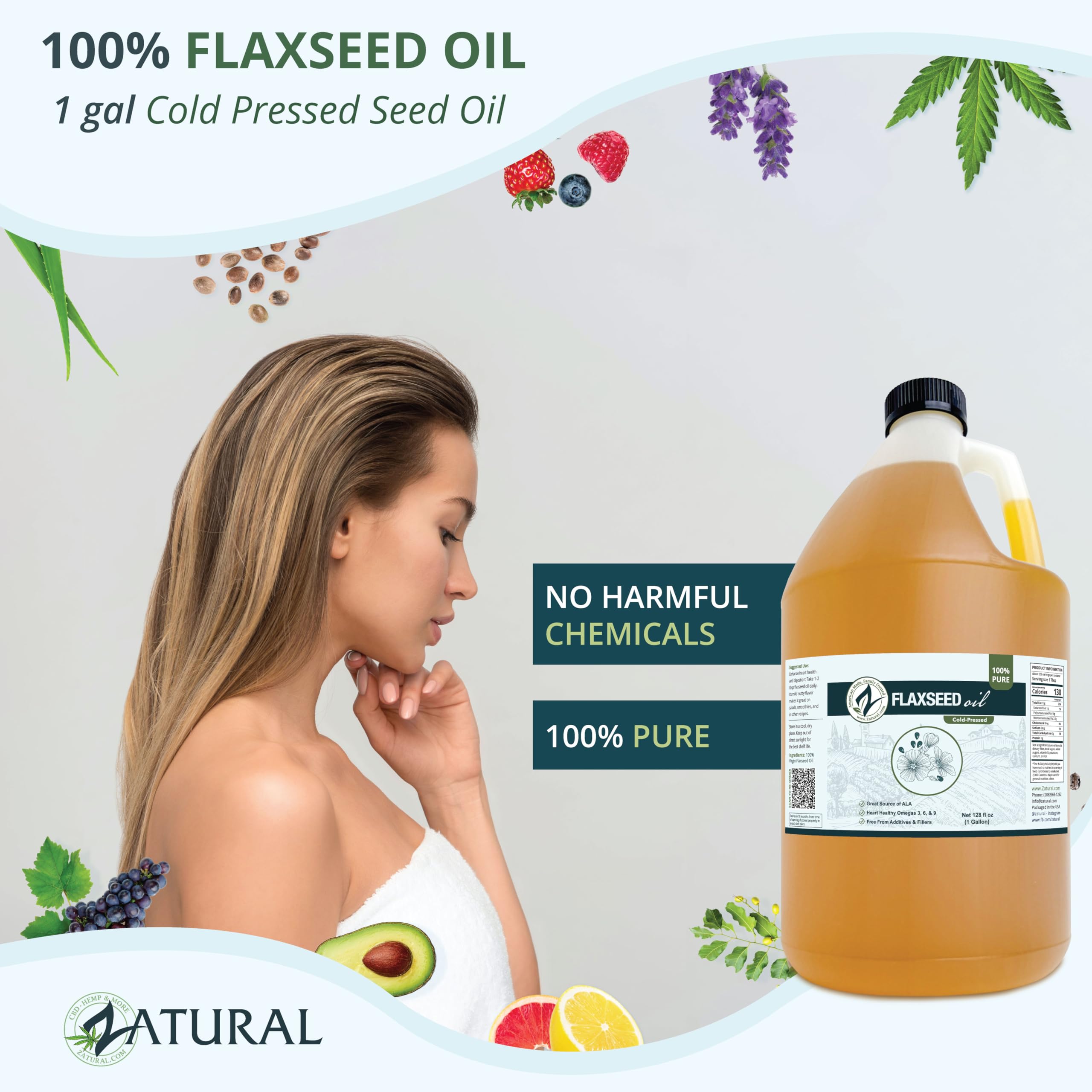 Zatural Cold Pressed Flaxseed Oil – 100% Pure Non-GMO Liquid Flax Seed Oil, Vegan Omega-3 ALA Rich, Perfect for Salads, Smoothies, Baking, Skincare & Hair (1 Gallon) — Amazon image 2