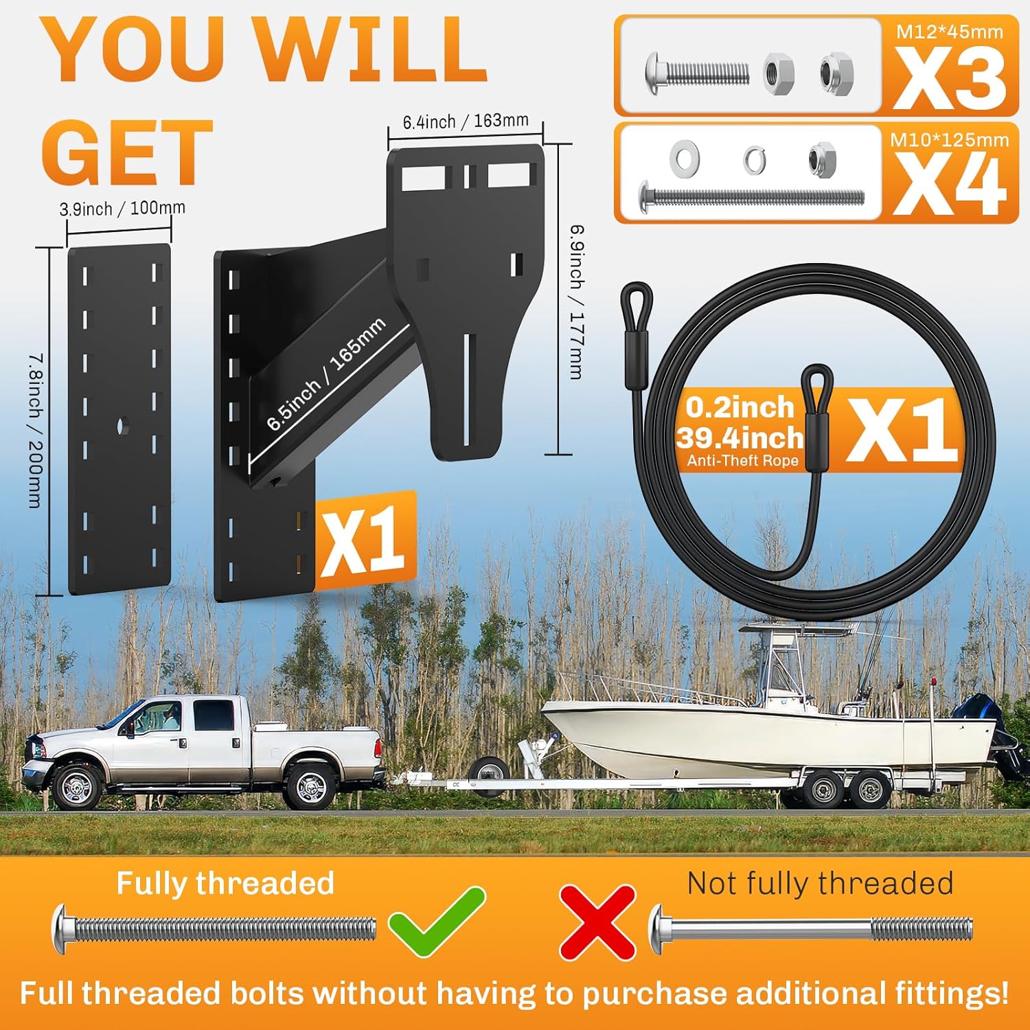 WELLUCK Trailer Spare Tire Mount for Utility Boat Trailer 3-Nuts Spare Tire Carrier Fits 4/5/6/8 Lugs Trailer Wheels on 4", 4.5'', 4.75'', 5'', 5.5'', 6'' and 6.5"Bolt Patterns,180Lbs, Anti-Theft Rope