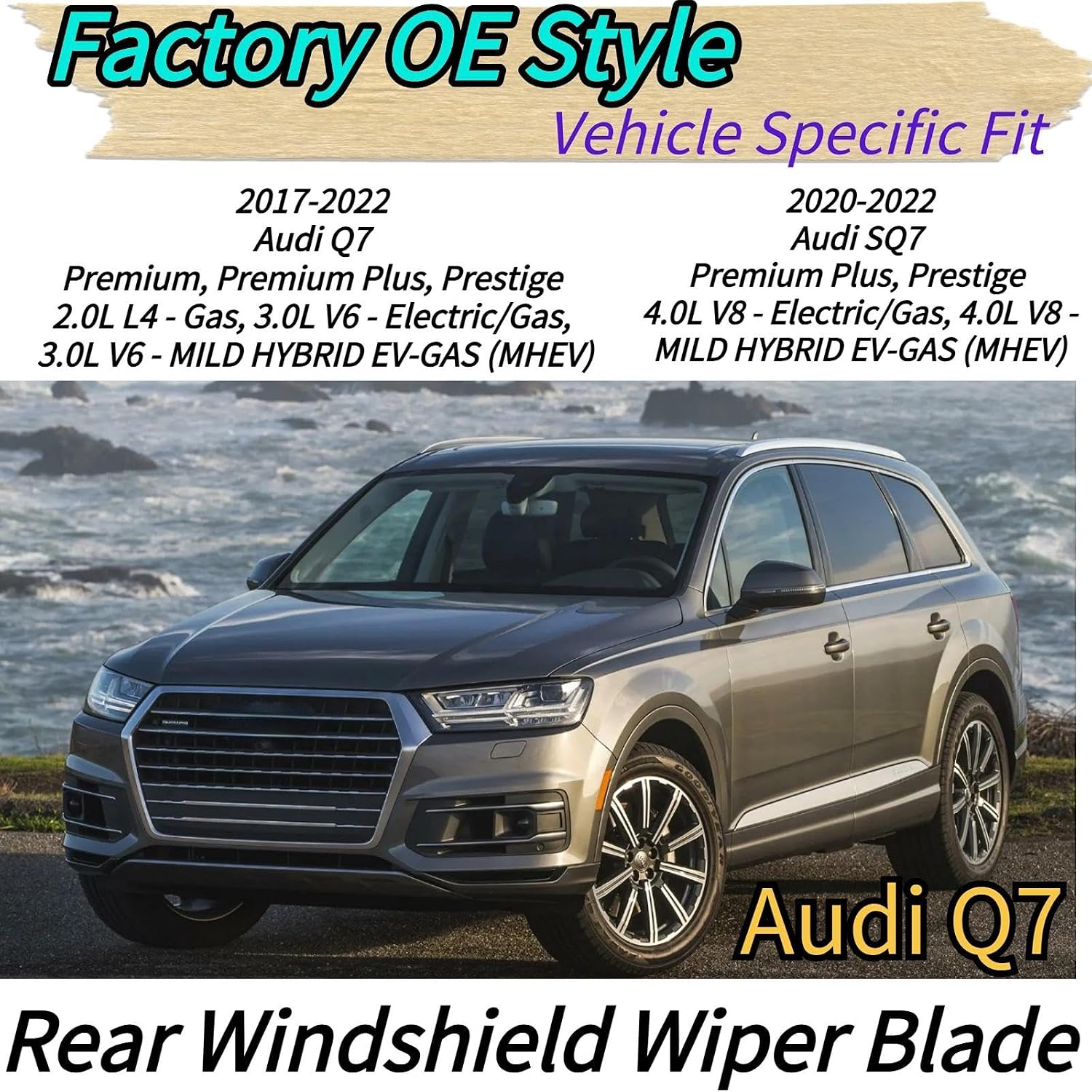 Rear Wiper Blade & Arm Replacement for Audi Q7 SQ7 2017-2022 2021 2020 2019 2018 - OEM Fit for Premium Premium Plus Prestige Models - All-Season Coated Rubber Rear Back Windshield Wiper Blade Set
