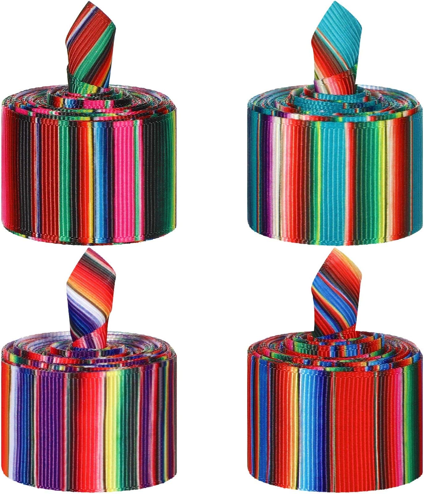 4 Pieces Mexican Serape Ribbon Fiesta Ribbon Rainbow Stripes Liston Mexicano Strip Colorful Grosgrain Band for DIY Gift Wrapping, Fall Crafts Decoration, Party Sewing Supplies(Multi-Color)