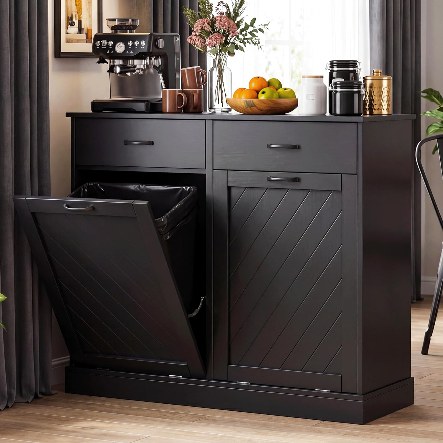 njnj 2x13 Gallons Double Tilt Out Trash Can Cabinet, Black Hidden Kitchen Trash Cabinet with Storage Drawers, Pet Proof Hidden Garbage Can for Kitchen, Laundry Room, Bathroom Wood