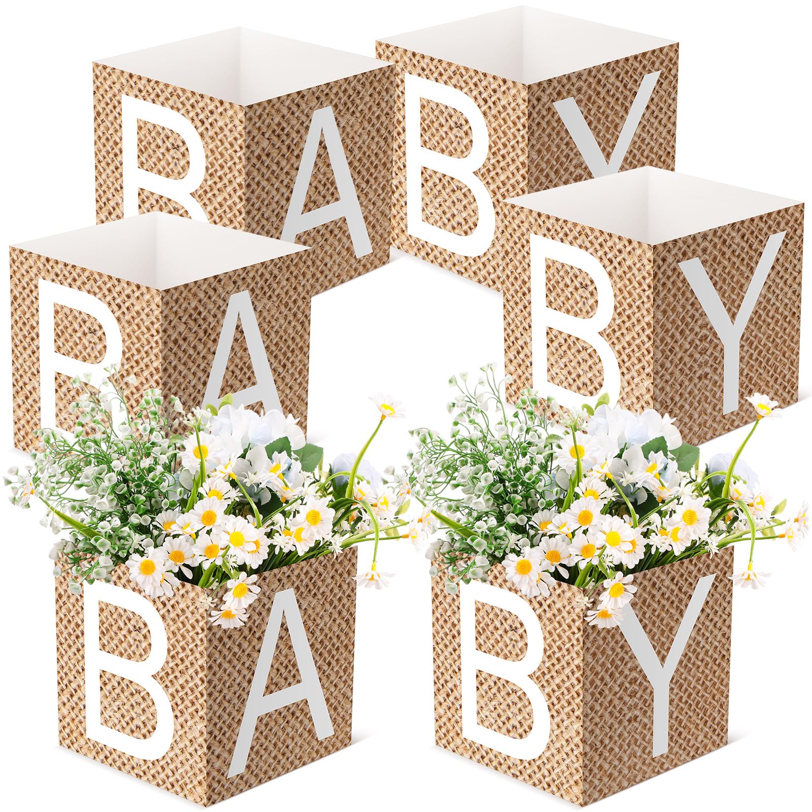 Noveread 6 Pcs Burlap Print Baby Shower Party Decorations Baby Flower Boxes Centerpiece Rustic Burlap Table Display with Letters for Gender Reveal Party Gender Neutral Shower Centerpiece Decor