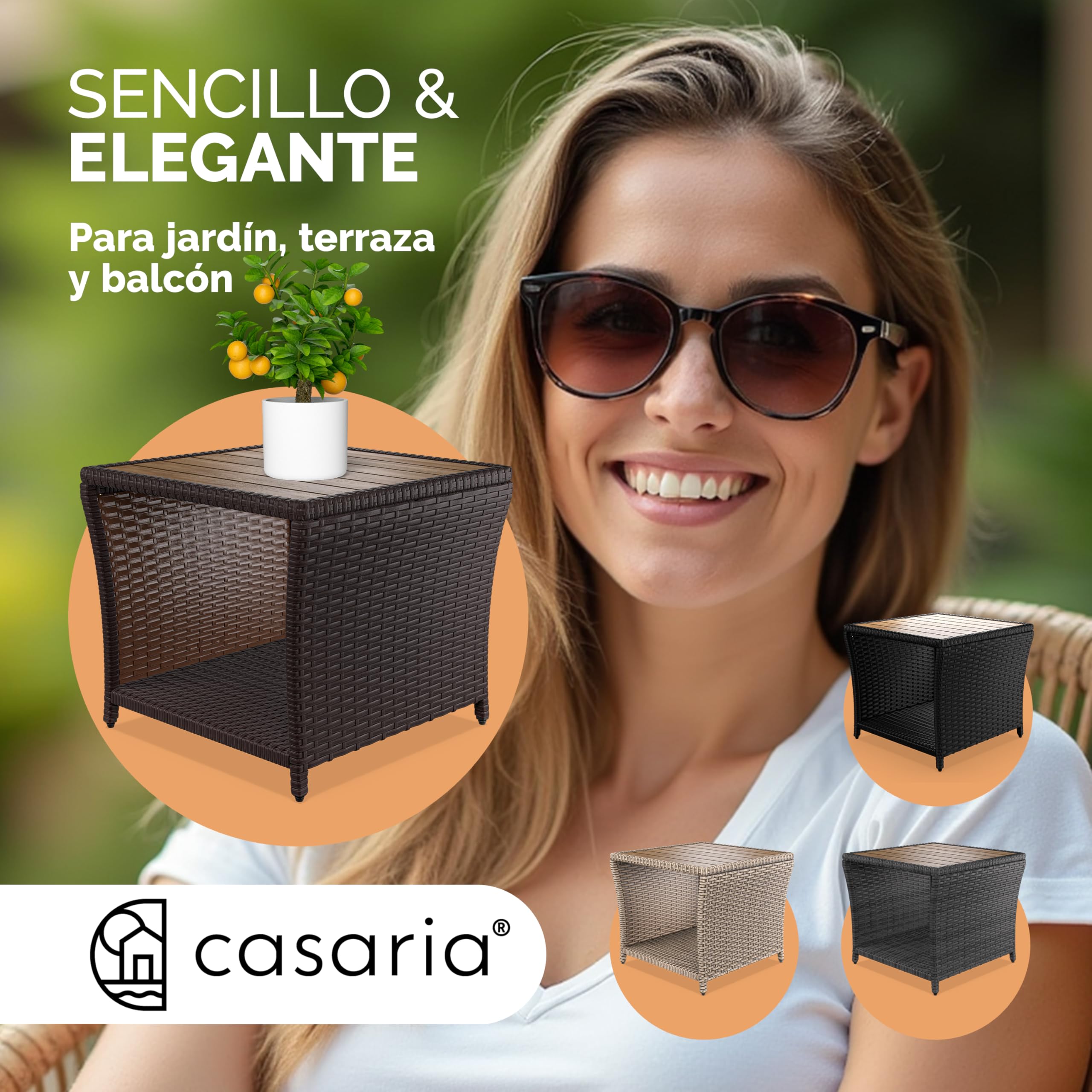 CASARIA® Mesa Auxiliar Jardín 45x45x40cm Poliratán Tablero Madera Acacia Mesa Exterior Balcón Carga 80kg Resistente Intemperie Marrón