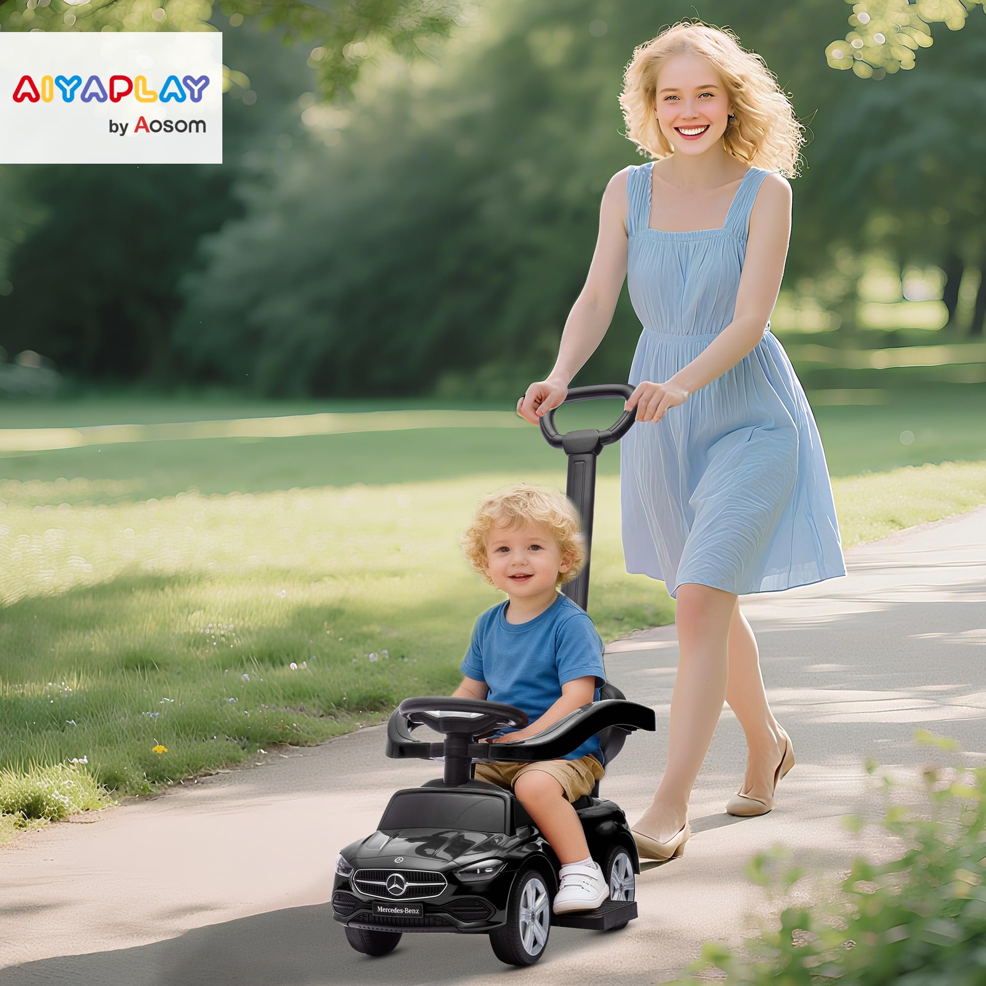 AIYAPLAY Portabebés Mercedes-Benz con Licencia, 2 en 1 con Asa Extraíble, Pasamanos, Espacio para Guardar Cosas, Claxón y Volante, para Niños de 18 a 36 Meses, Negro