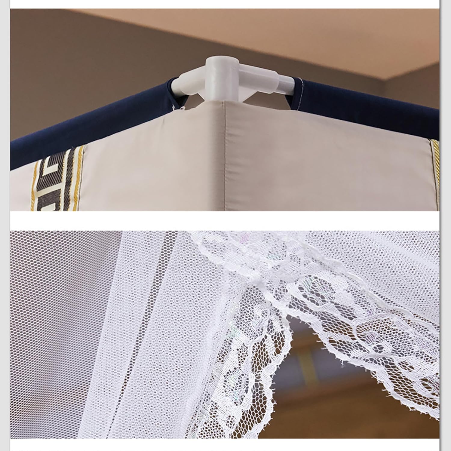 Elegant Canopy Curtain Bed Frame Cozy Drape Mosquito Net Bed Frame Curtain Canopy Four Corner Post Bed Netting Canopy for Bedroom Decoration,A Beige,Queen