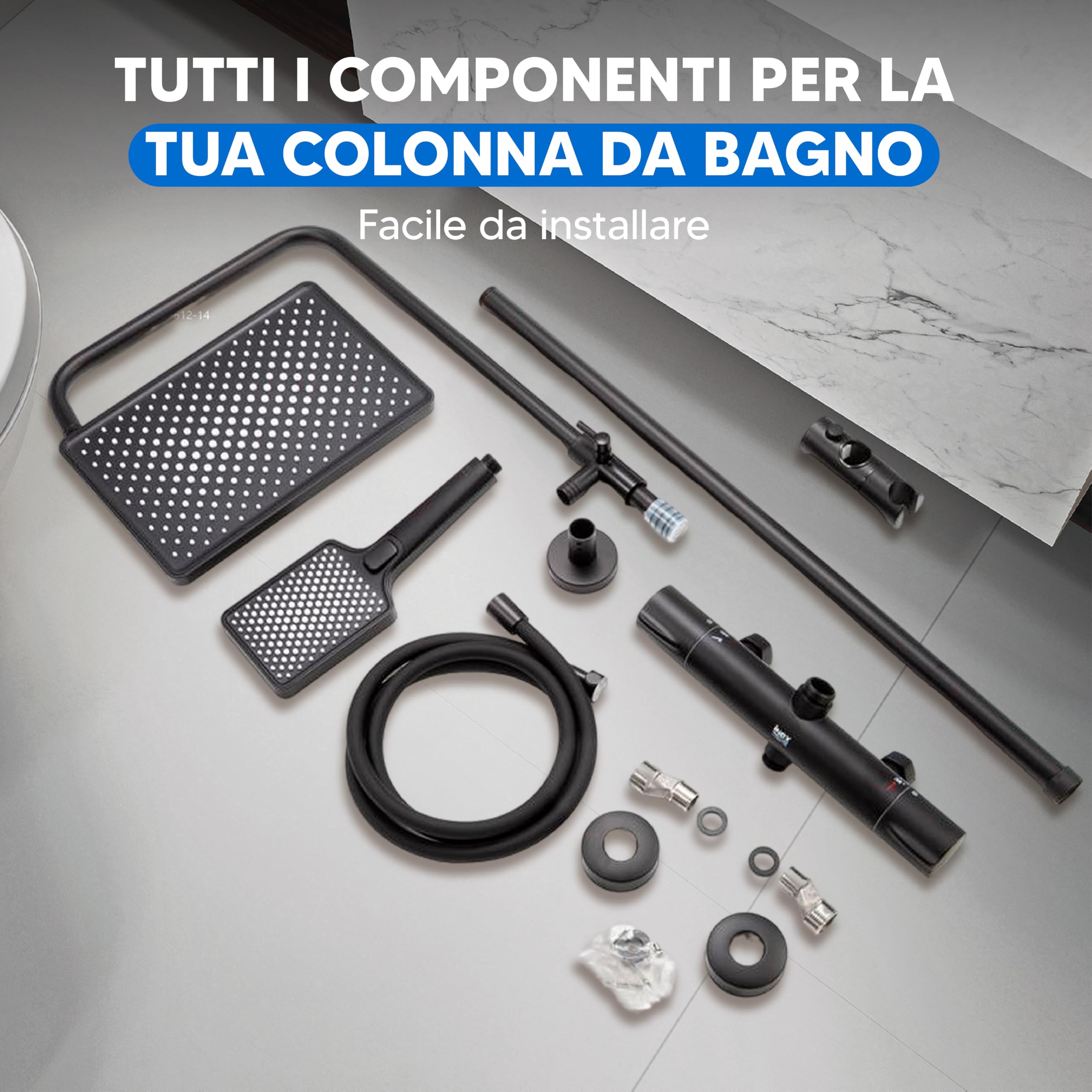 INEX EUROPA Colonna Doccia Termostatica Nero Opaco 2 Modalità – Doccia con Soffione Quadrato e Doccetta – Sistema Doccia con Valvola Termostatica di Sicurezza e Garanzia 10 Anni