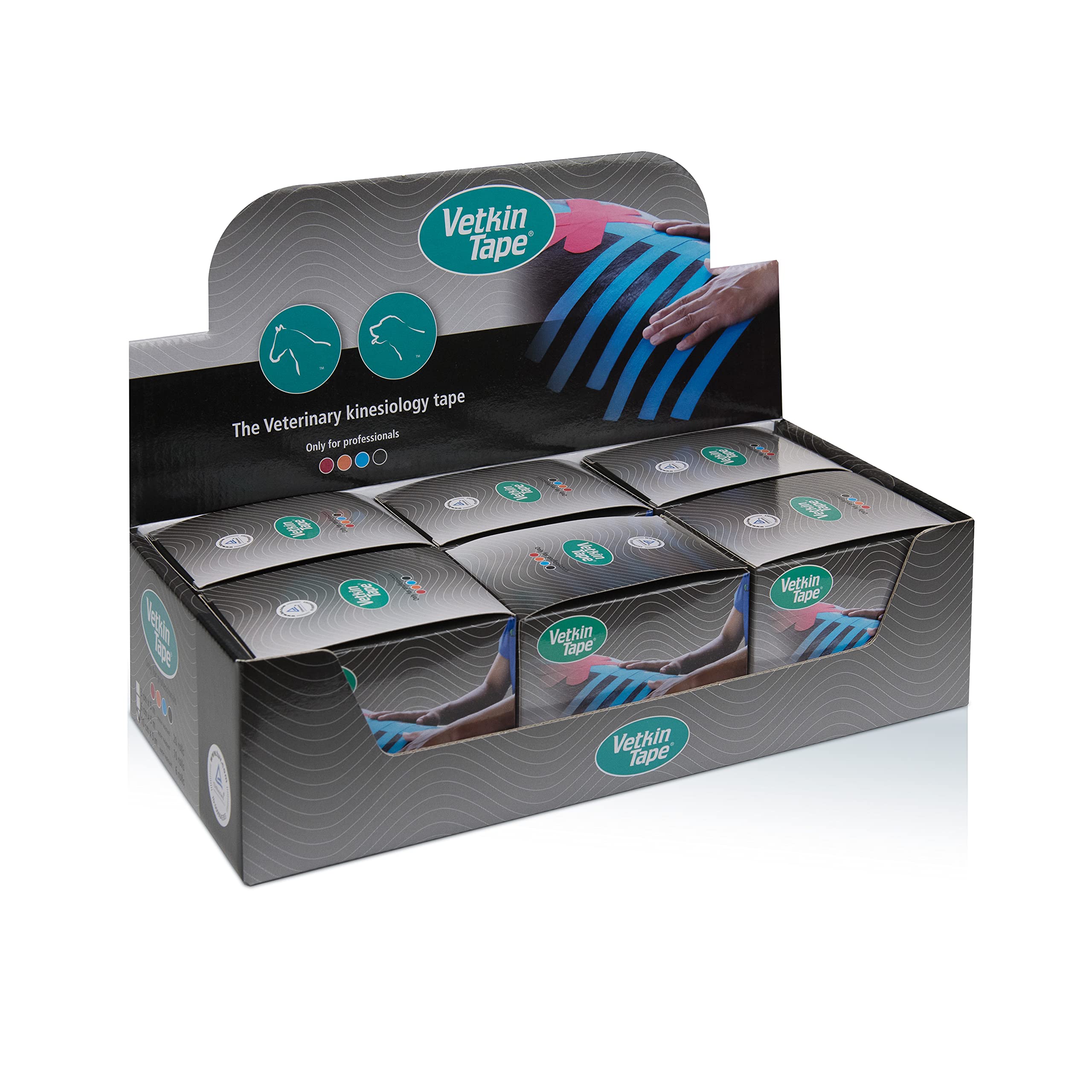VetkinTape® Displaybox | 6 Kinesiotape Rollen für Tiere (10 cm x 5 m) | Kinesiologie Tape für Pferde und Hunde | Kinesiotapes für Tierärztliche Zwecke | Schwarz