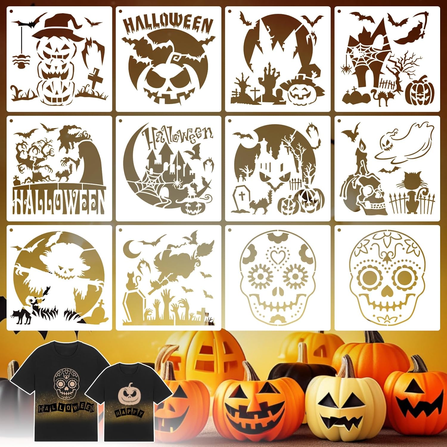 Amazon.com : Halloween Stencils for Shirts Painting Reusable: 12pcs 8 ...