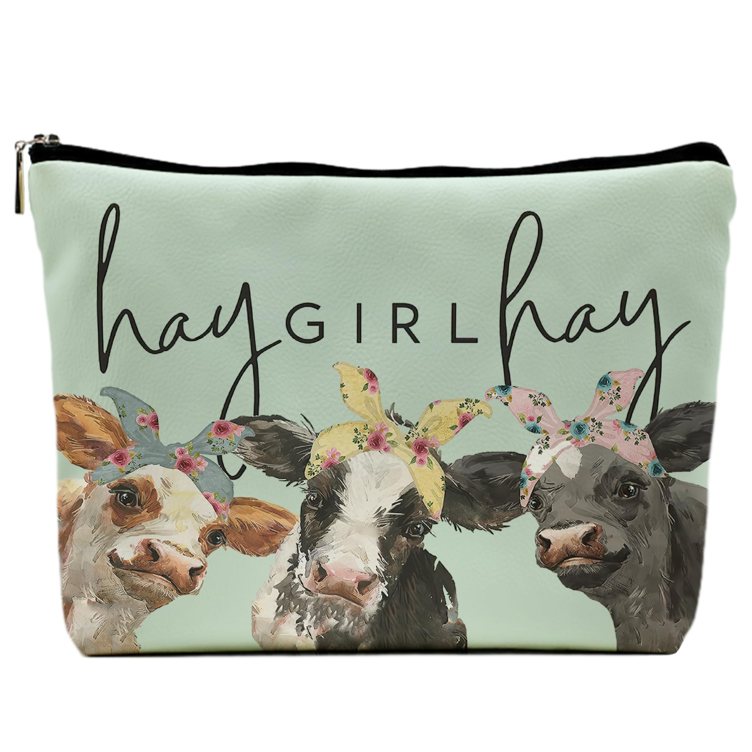 NEGIGA Cow Print Stuff,Cow Makeup Bag,Cow Gifts,Western Makeup Bag,Makeup Bags For Women,Cow Print(Green Pu Leather Cosmetic Bag)