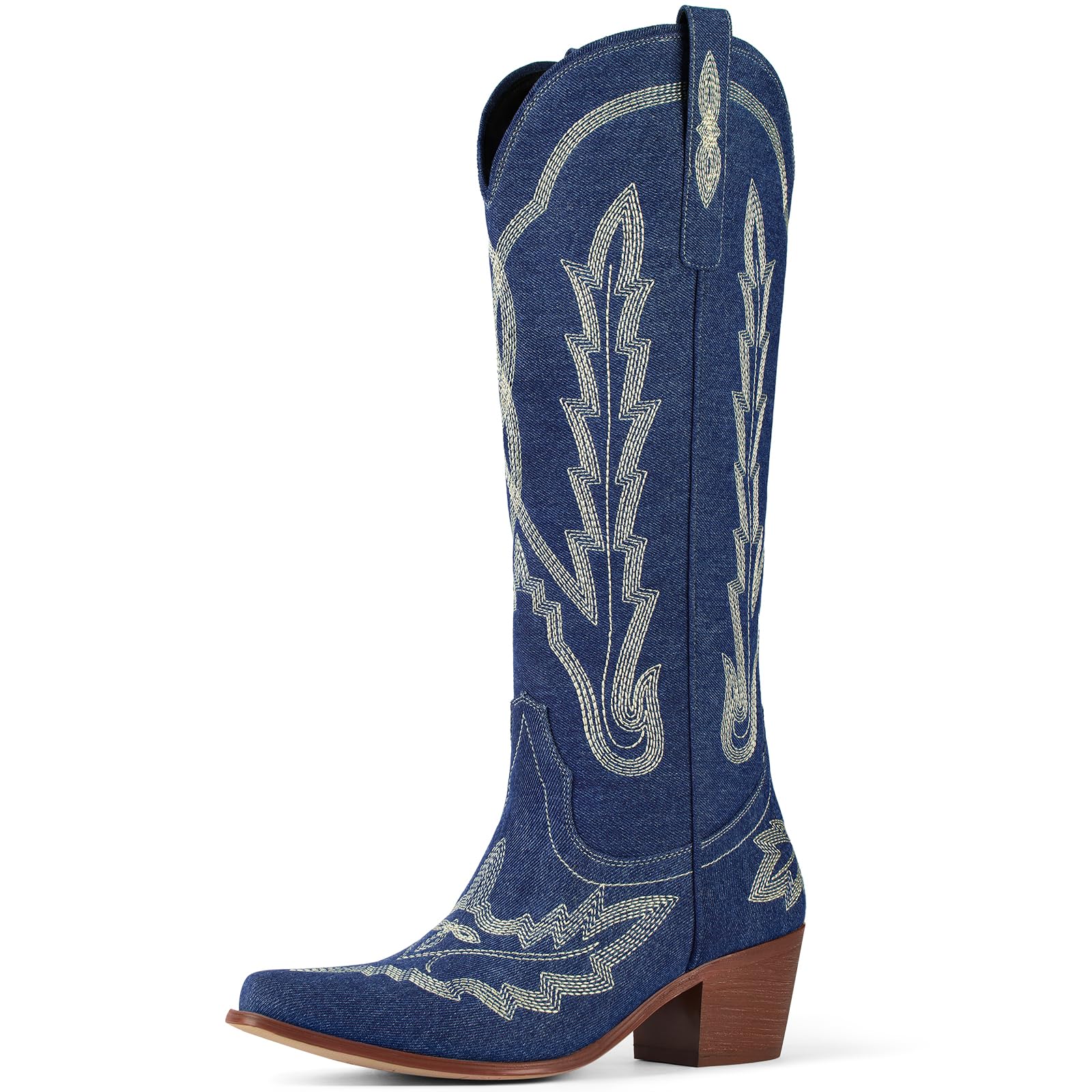 Ouepiano Cowboy Boots for Women Knee High Cowgirl Boots with Classic Embroidered Slip On Pointed Toe Chunky Heel