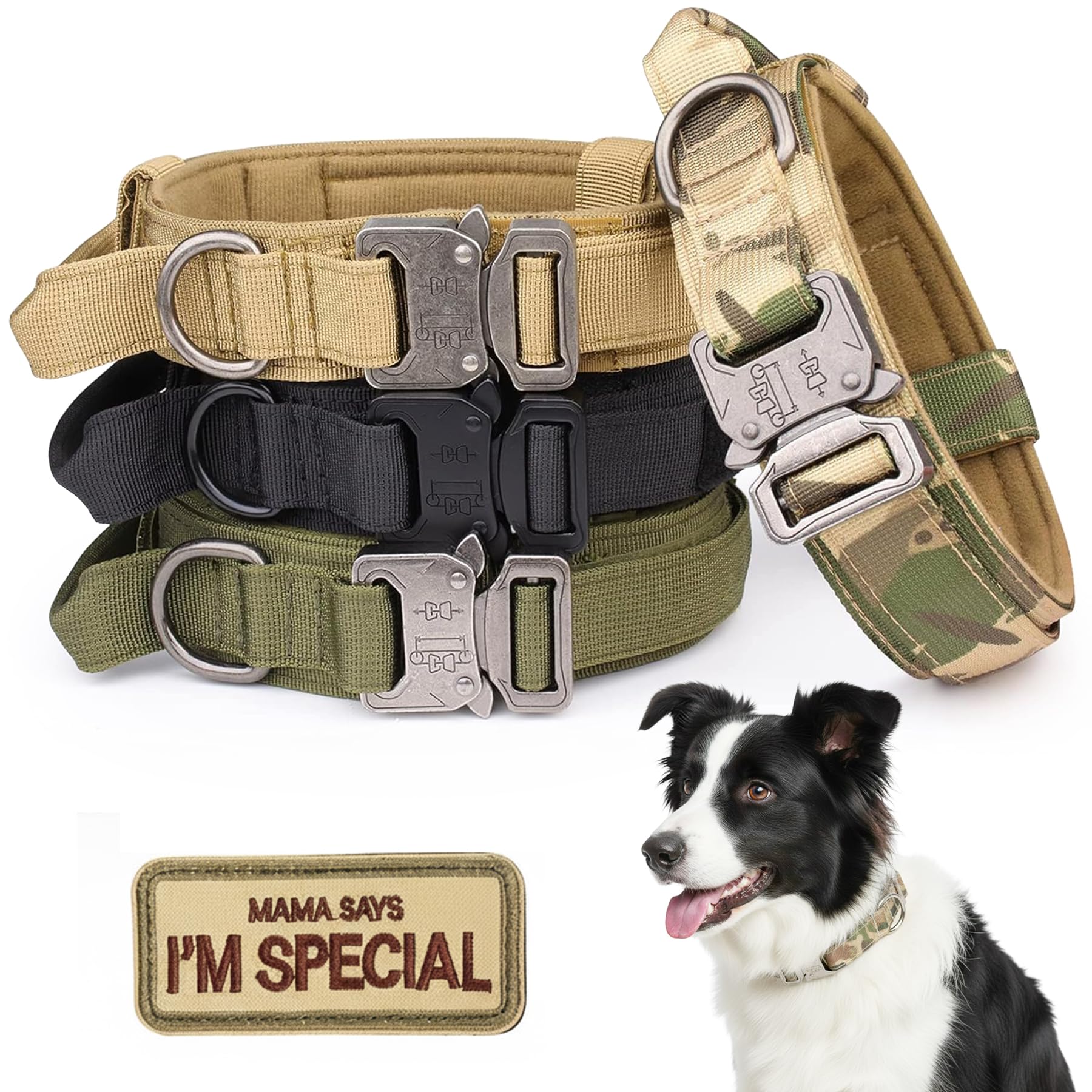 KCUCOP Tactical Dog Collar with Handle,Adjustable Military Dog Collar with Metal Buckle and Patches,Heavy Duty Dog Collars for Medium and Large Dogs (
