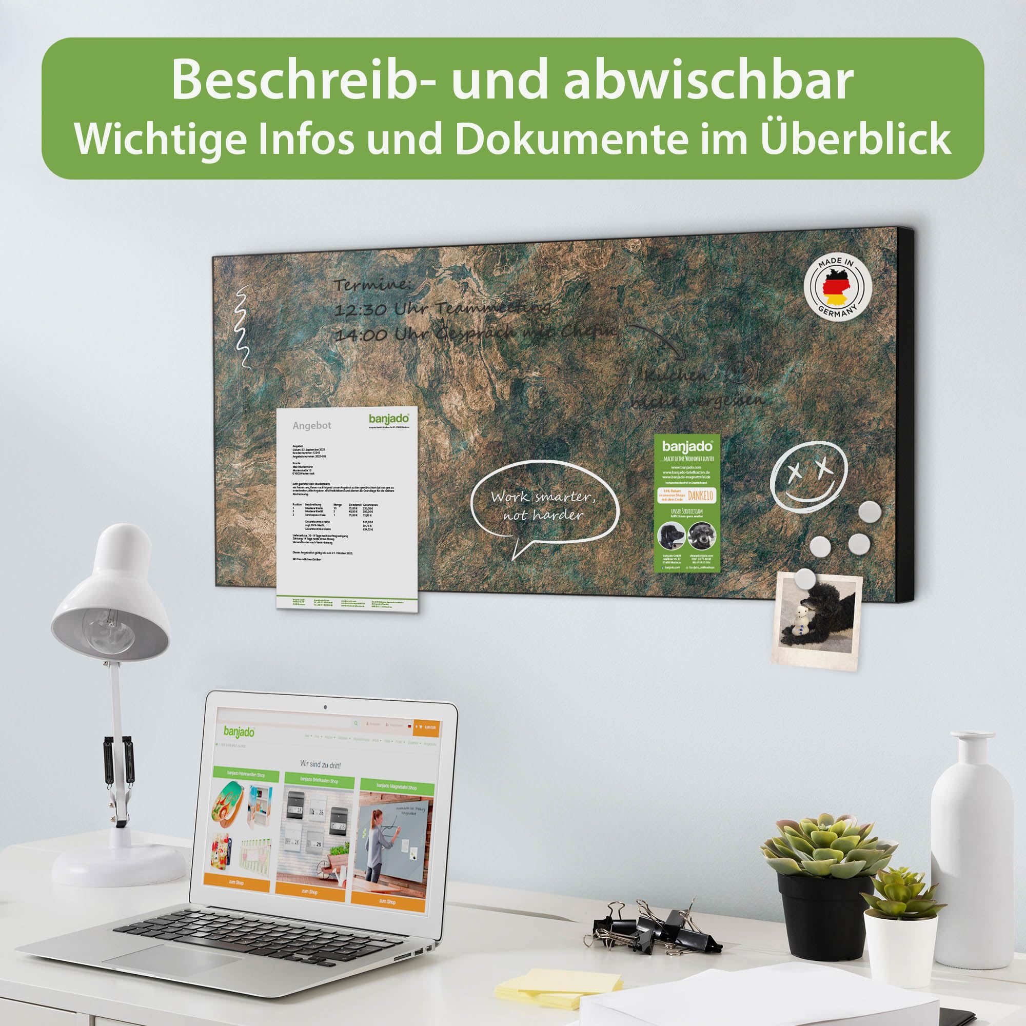 banjado Magnettafel Metall 78 x 37cm - beschreibbare Magnettafel - Metall Pinnwand als Memoboard - Magnetwand Küche, Büro, Kinderzimmer Schwarz inkl. 4 Magnete & Montageset - Motiv Kupfer Patina