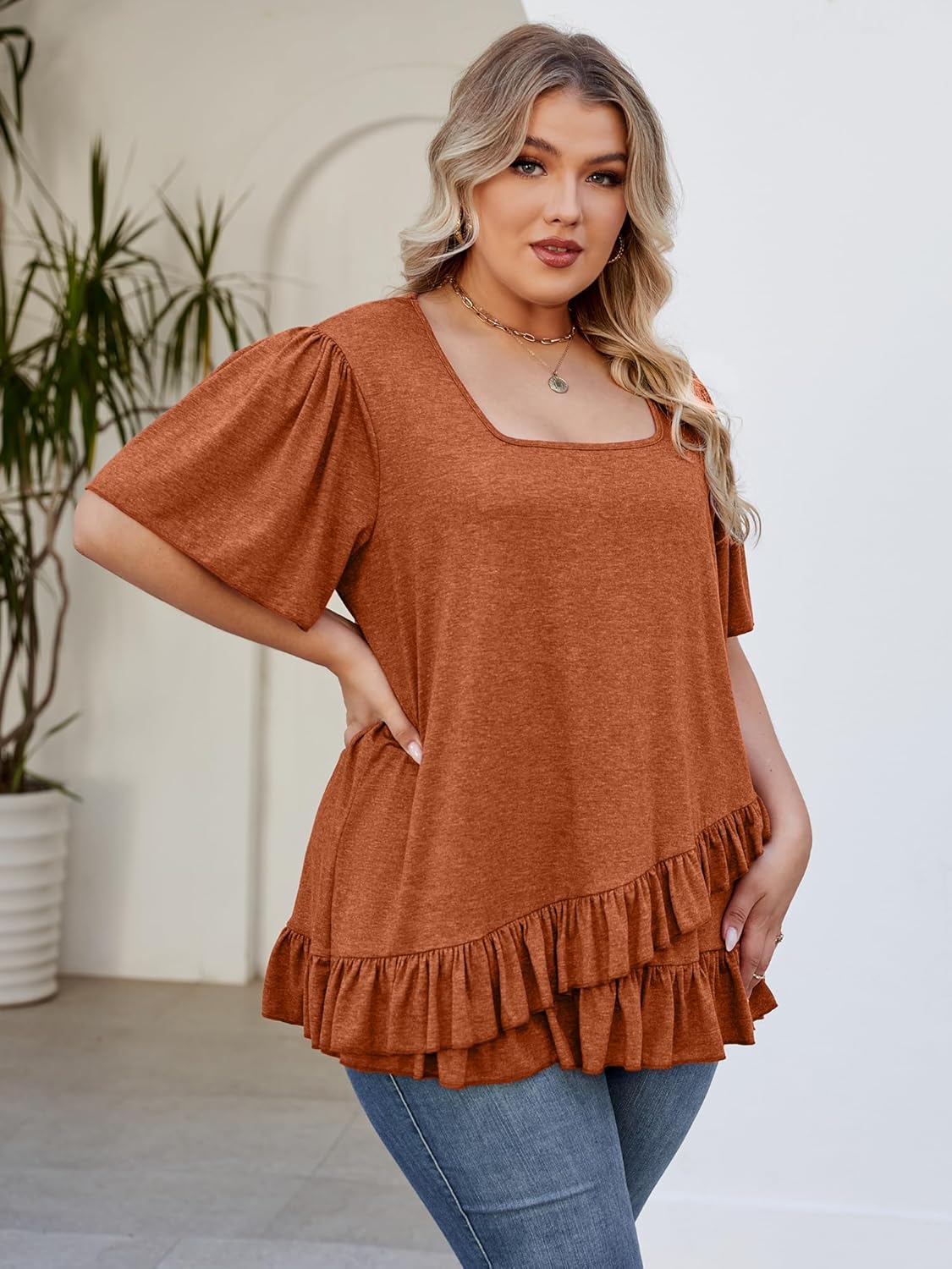Womens Plus Size Tops Dressy Casual Blouses Square Neck Ruffle Hem Tunic Summer Going Out Shirts Short Sleeve 2025 - Image 2