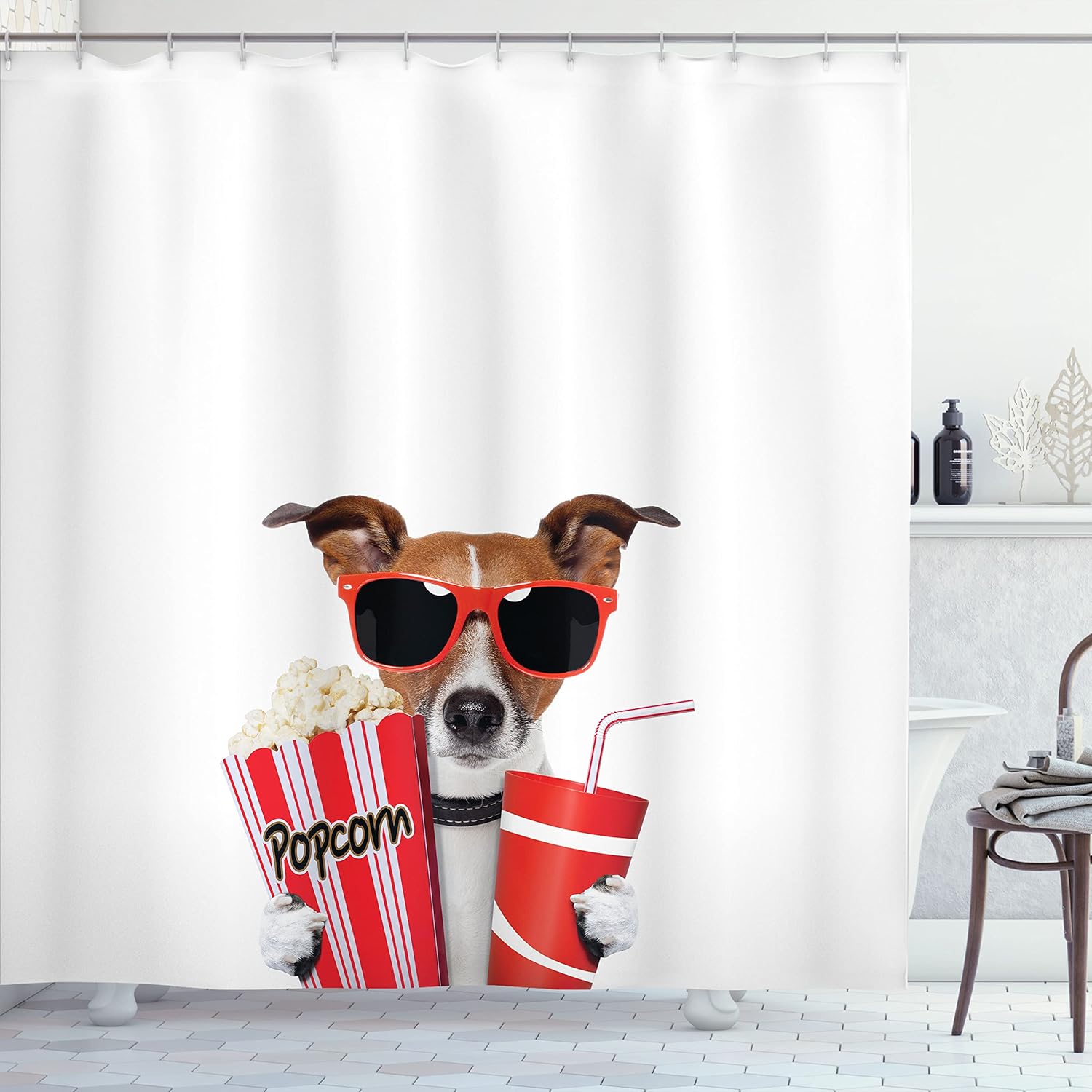 Ambesonne Movie Theater Shower Curtain, Funny Dog Wearing Sunglasses Watching a Film Popcorn and Soda Print, Cloth Fabric Bathroom Decor Set with Hooks, 69" W x 70" L, Brown Dark Coral