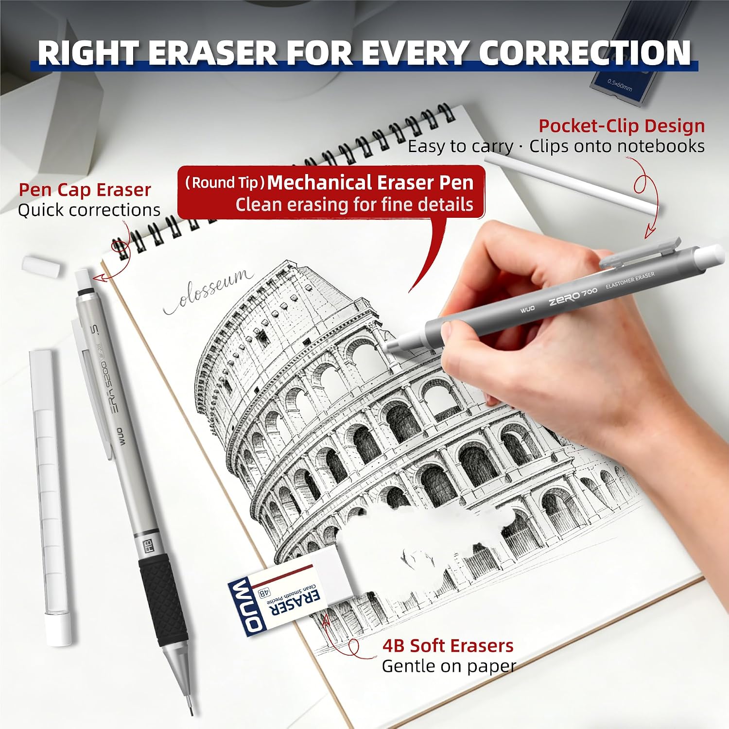 WUO 0.5 mm Mechanical Pencil Set with Eraser Pen Storage Case, 6 PCS image 2