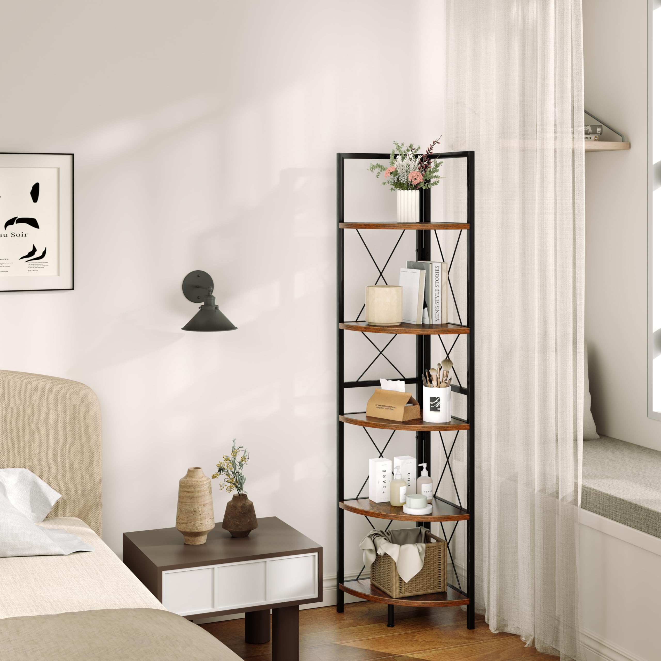GIANTEX Mensola Angolare a 5 Ripiani, Scaffale Industriale con Struttura, Unità di Stoccaggio Multiuso per Soggiorno, Camera da Letto e Cucina, Marrone/Grigio (Marrone)