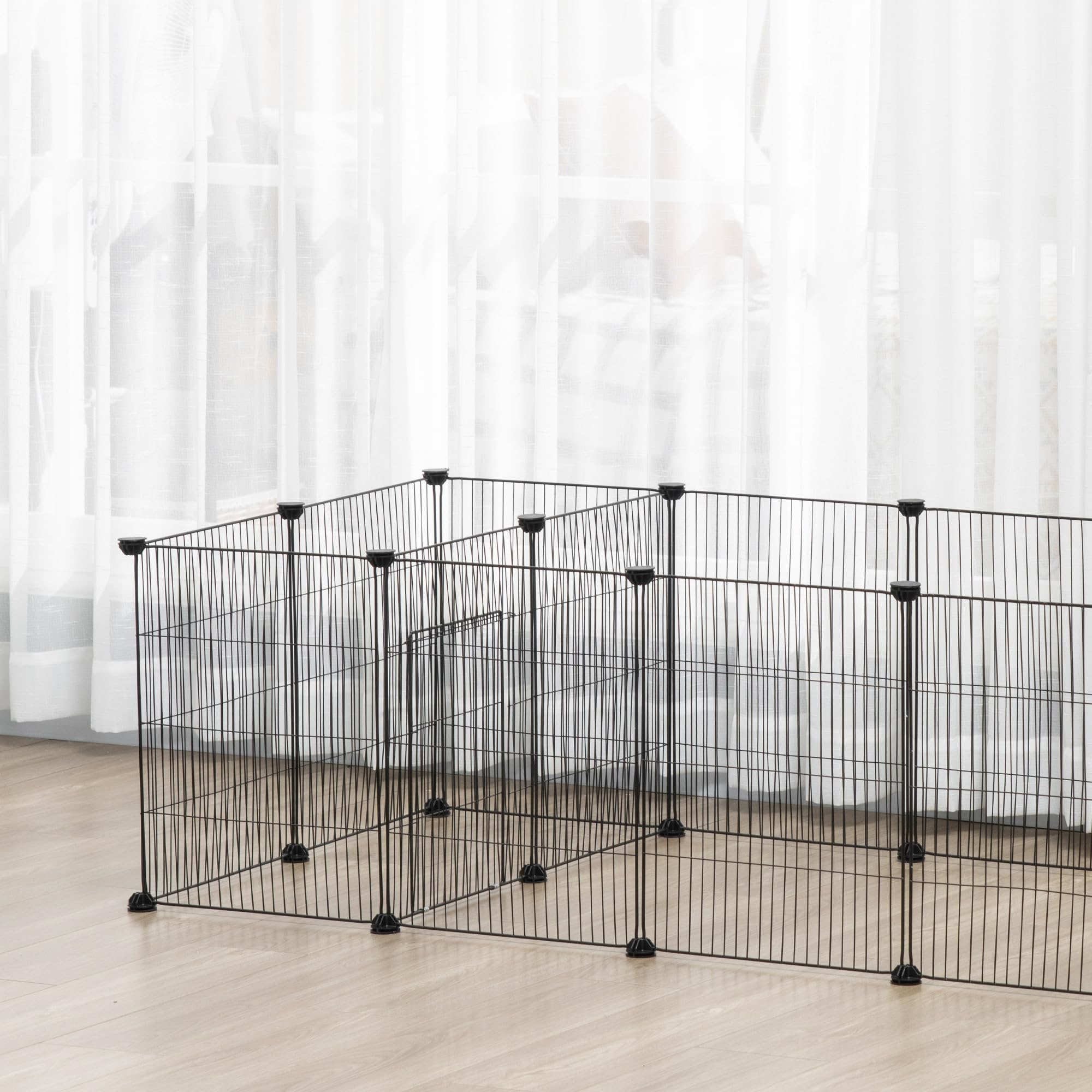 PawHut Freigehege Meerschweinchen Gehege, Kleintiergehege, Freilaufgehege mit 18 Platten, DIY Kleintierkäfig aus Stahlgitter, für Indoor, Outdoor, 175 x 70 x 45 cm, Schwarz