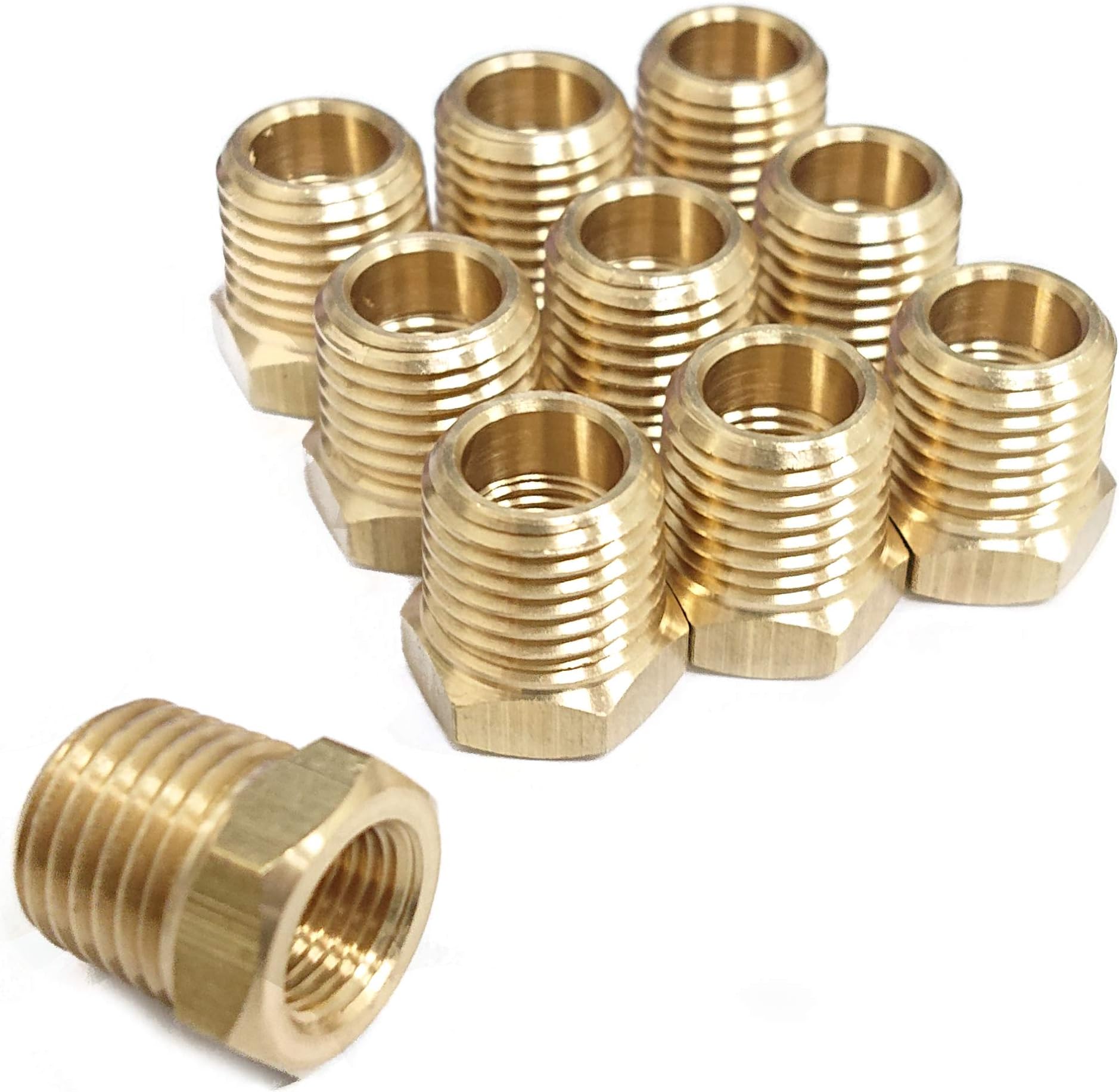 T TANYA HARDWARE 1/8" x 1/4" Brass Hex Bushing, Female Pipe x Male Pipe, NPT, Pack of 10