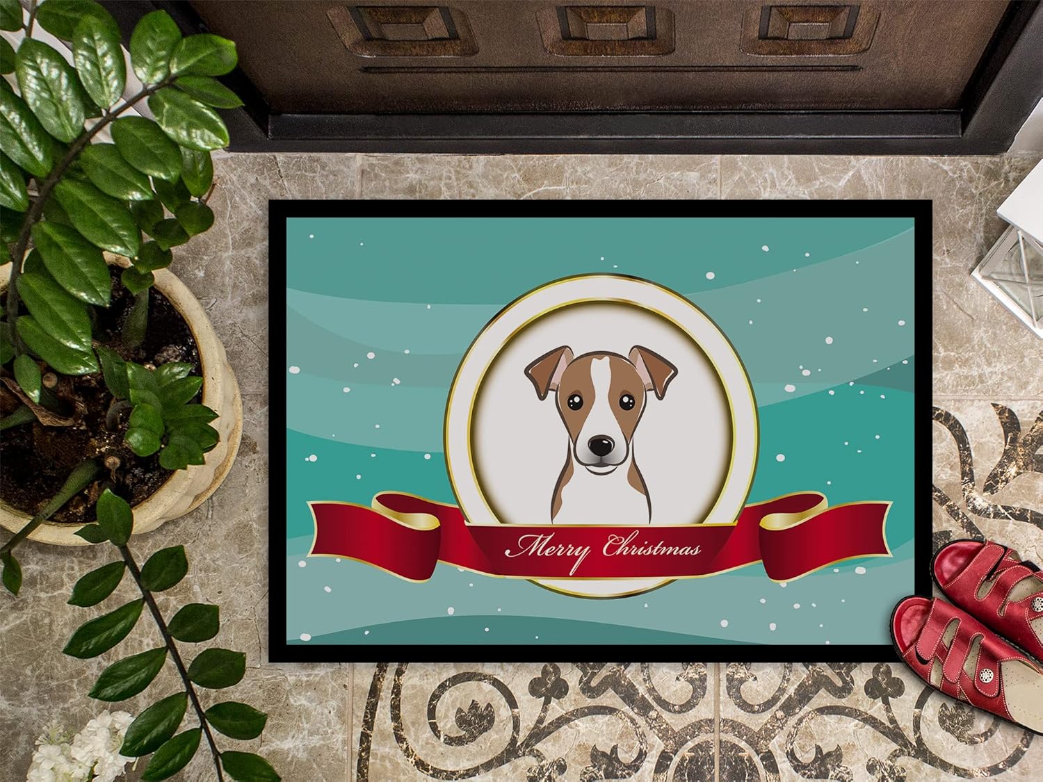 Caroline's Treasures BB1570MAT Jack Russell Terrier Merry Christmas Doormat 18x27 Front Door Mat Indoor Outdoor Rugs for Entryway, Non Slip Washable Low Pile, 18H X 27W