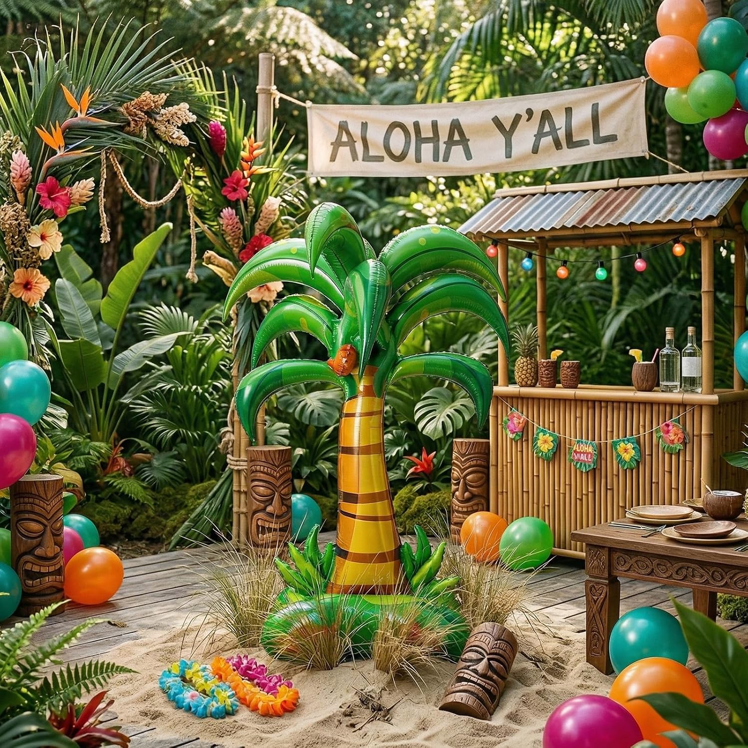 52 Inches Large Inflatable Standing Palm Tree Balloons, Green Blow Up Foil Mylar Coconut Tree Balloons for Birthday Baby Shower Decorations Hawaiian Luau Aloha Tropical Summer Beach Party Supplies