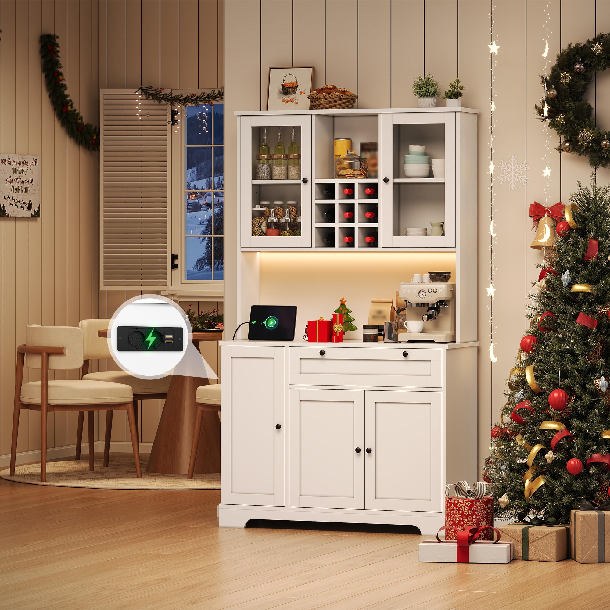 Merax Küchenschrank, Buffetschrank mit LED und Steckdosen, Küchenmöbel mit Schublade, Weinregal und Verstellbaren Ablagen, Sideboard, Küchenbuffet für Küche, Esszimmer, 105x40x180cm (Weiß)
