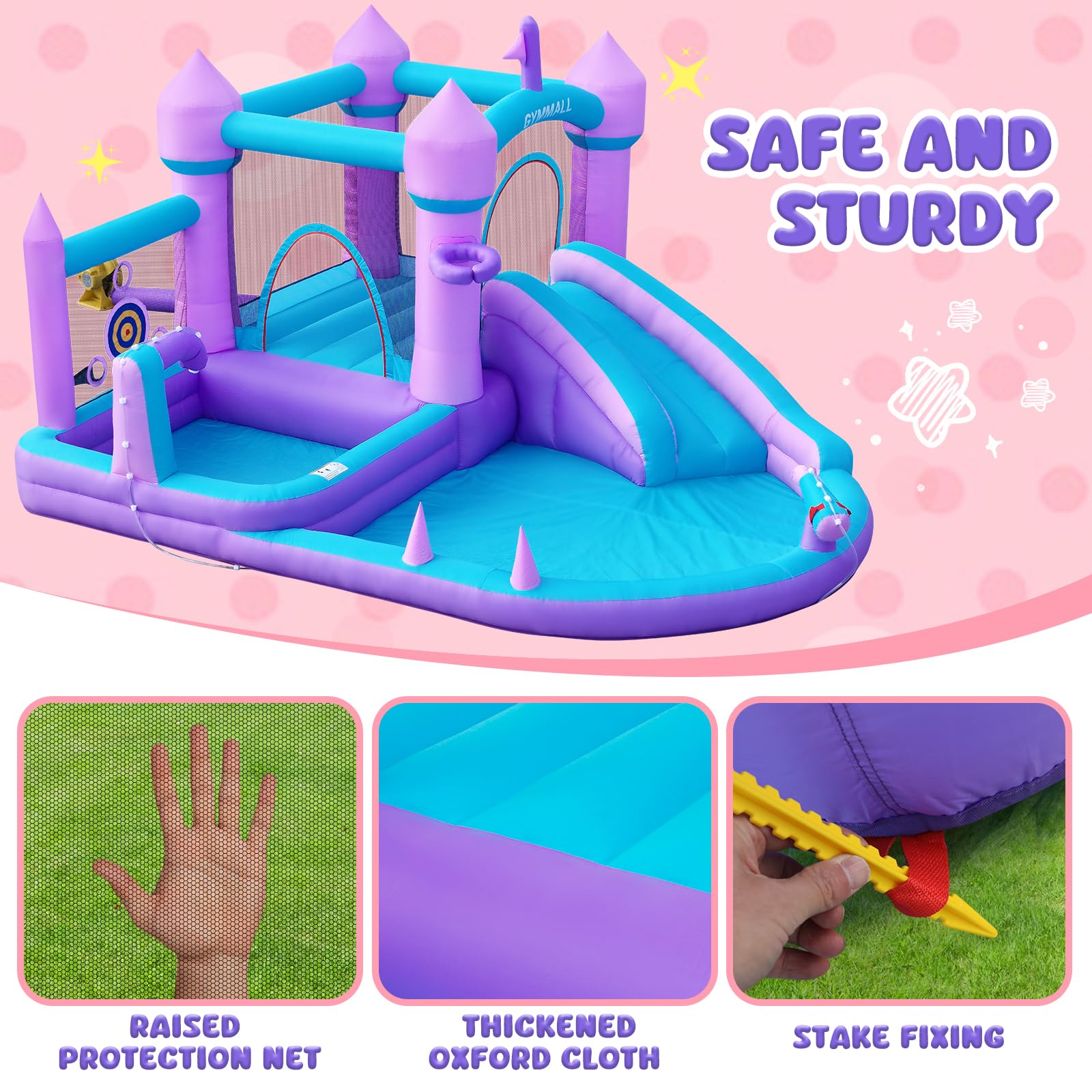 Castillo Inflable para Niños de 3-8 años, Casa de los Sueños Morada con Tobogán de Agua y Soplador de 480W, Gran Castillo Inflable con Zona de Salto, Piscina de Bolas, Alberca