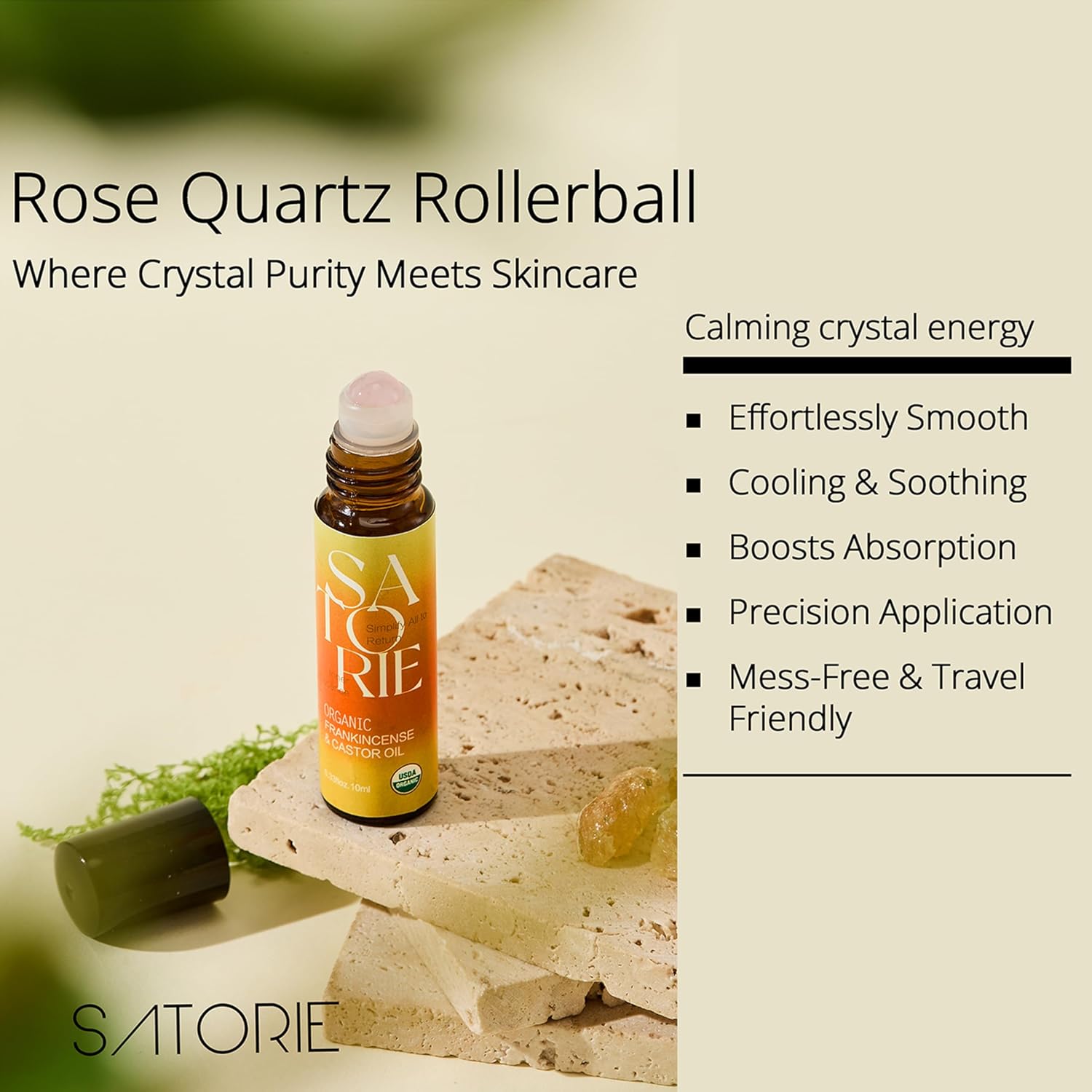 Satorie Organic Castor & Frankincense Oil with Rose Quartz Rollerball - USDA Certified Essential Blend Oil Roll-On, Time Eraser Rollerball, for Face, Under Eyes, Anti-aging, Dark Circles - Image 5