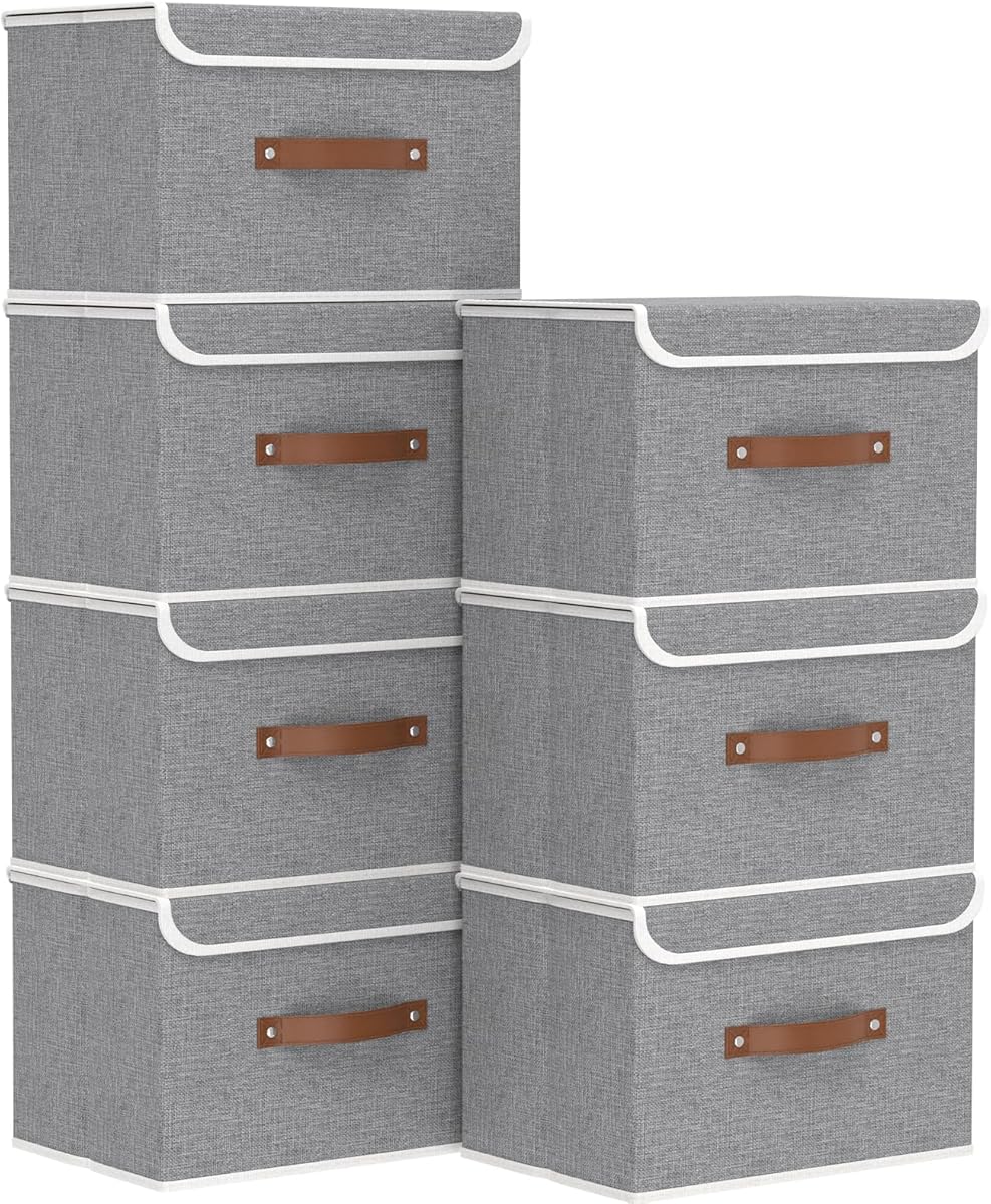 Yawinhe Storage Bins with Lids, Closet Baskets, Washable and Leather Handle, Collapsible Boxes for Home, Grey, 17.7''Lx11.8''Wx11.8''H, 7-Pack, USNK024GX-7