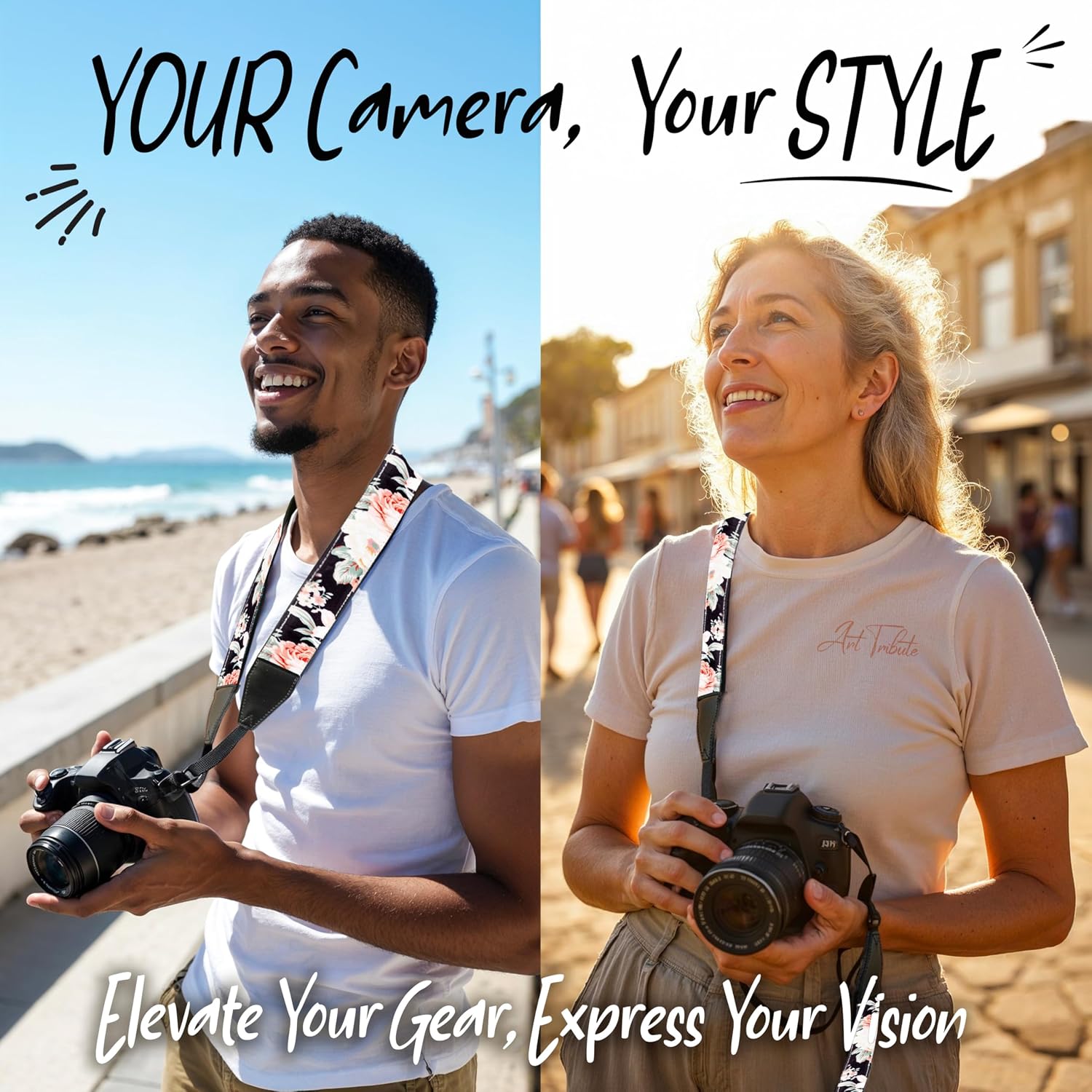 Art Tribute Camera Strap - Shoulder, Crossbody & Neck Camera Strap for Photographers, Fits All Cameras, Canon Nikon Sony Fujifilm, Padded Strap W/Quick Release, Embroidered Cotton & Leather Ends