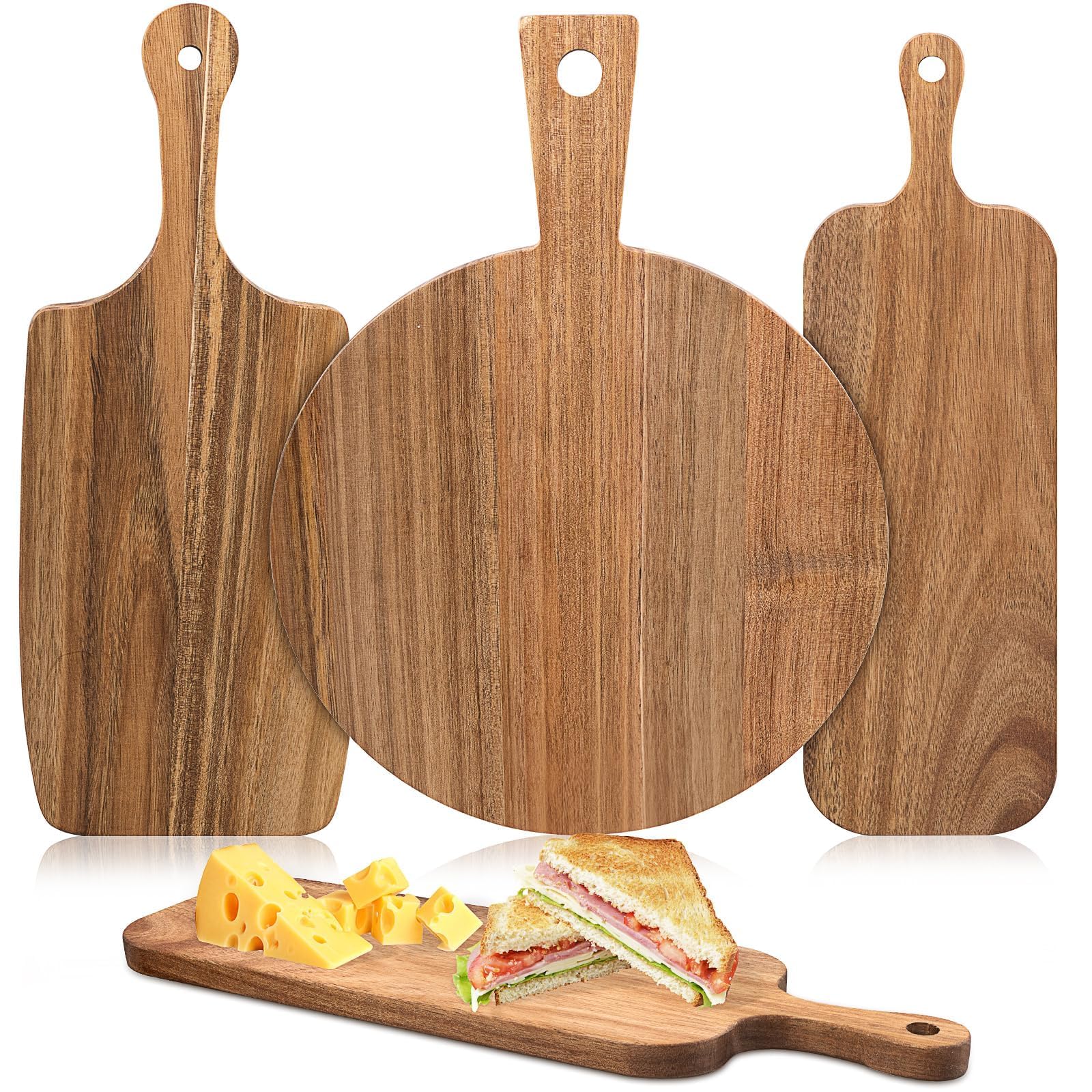 Lot de 3 Planches à Découper en Bois d’Acacia avec Poignée – Planches de Service Ronde et Rectangulaire pour Cuisine, Fromage, Charcuterie, Viande, Fruits, Pizza et Pain