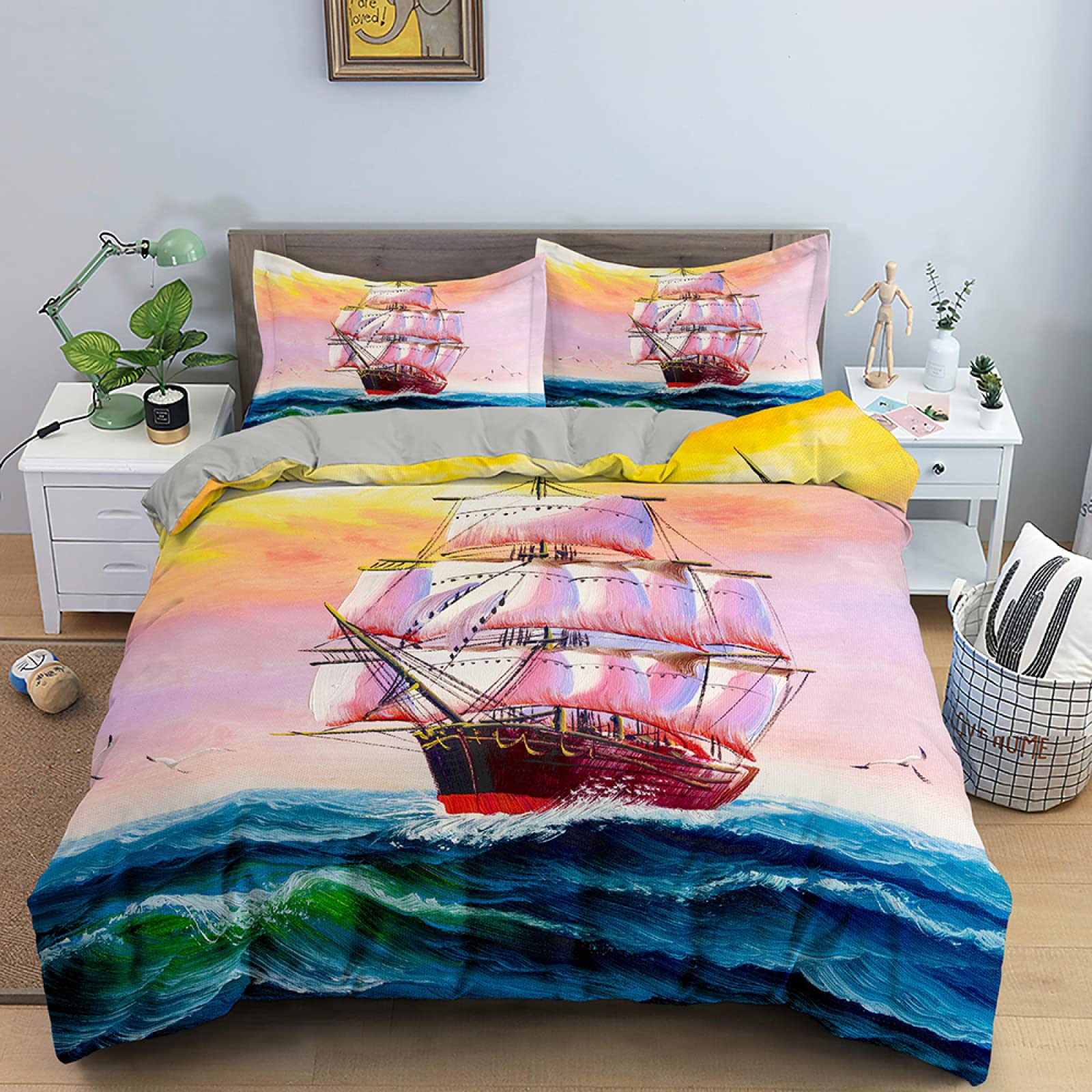 Parure de lit 90x190 enfant bateau rose avec housse de couette en microfibre et sa taie