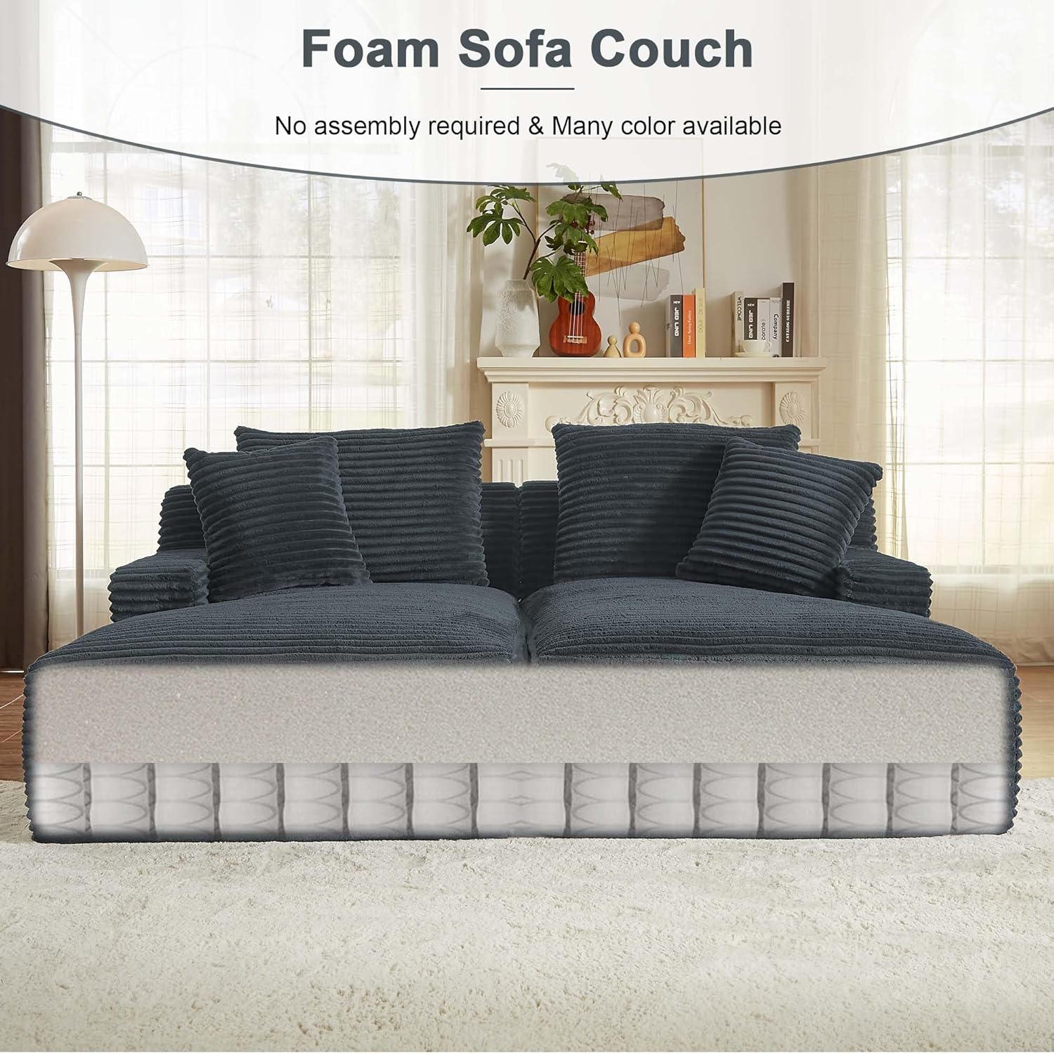 78.8" Oversized Chaise Lounge Double, Dark Grey Sleeper Sectional Chaise Loveseat Lounge Sofa Bed, Comfy Compression Deep Seat Corduroy Cloud Couch for Dorm Bedroom Apartment