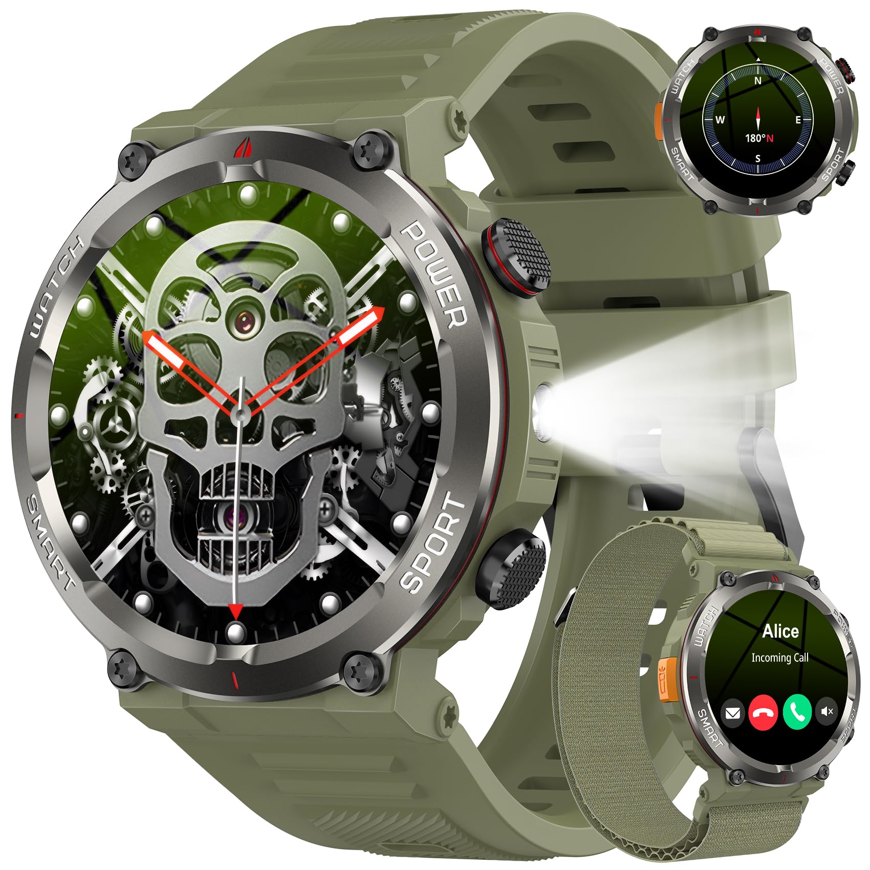 Reloj Inteligente Hombre, Smartwatch Hombre con Linterna y Brújula, 1.45" Smartwatch con Llamadas Bluetooth Monitor Sueño, 2 Correas,Pulsera Actividad Impermeable IP68