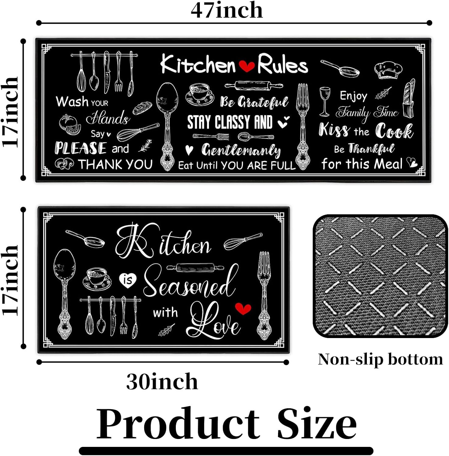 Kitchen Rules Kitchen Rug 2 Piece Set, Black and White Farmhouse Home Decor Non-Slip Floor Mats, Washable Microfiber Runner Carpet 17"x47"+17"x30"