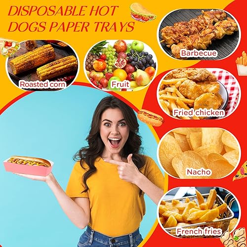 Miniatura 3 de 100 bandejas de papel de 7 pulgadas desechables para perros calientes, alimentos, nachos, botes para perritos calientes, platos para perros