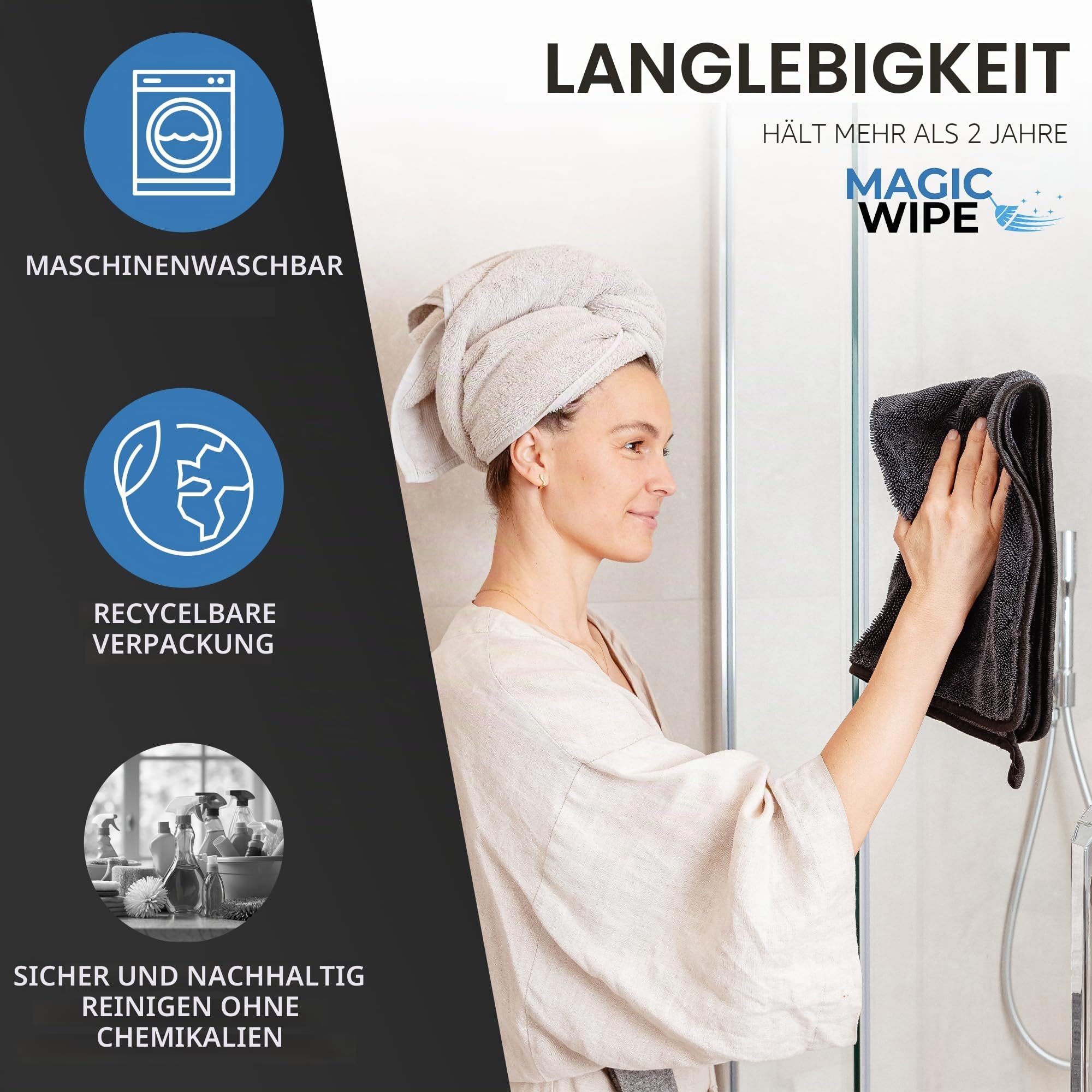 Magicwipe® Badezimmer Trockentuch XXL (40×60cm, 4er Pack) - Entfernt Kalk & Hartwasserflecken in Sekunden mit nur Wasser - Streifenfrei für Duschglas & Fliesen - Wiederverwendbares Mikrofasertuch