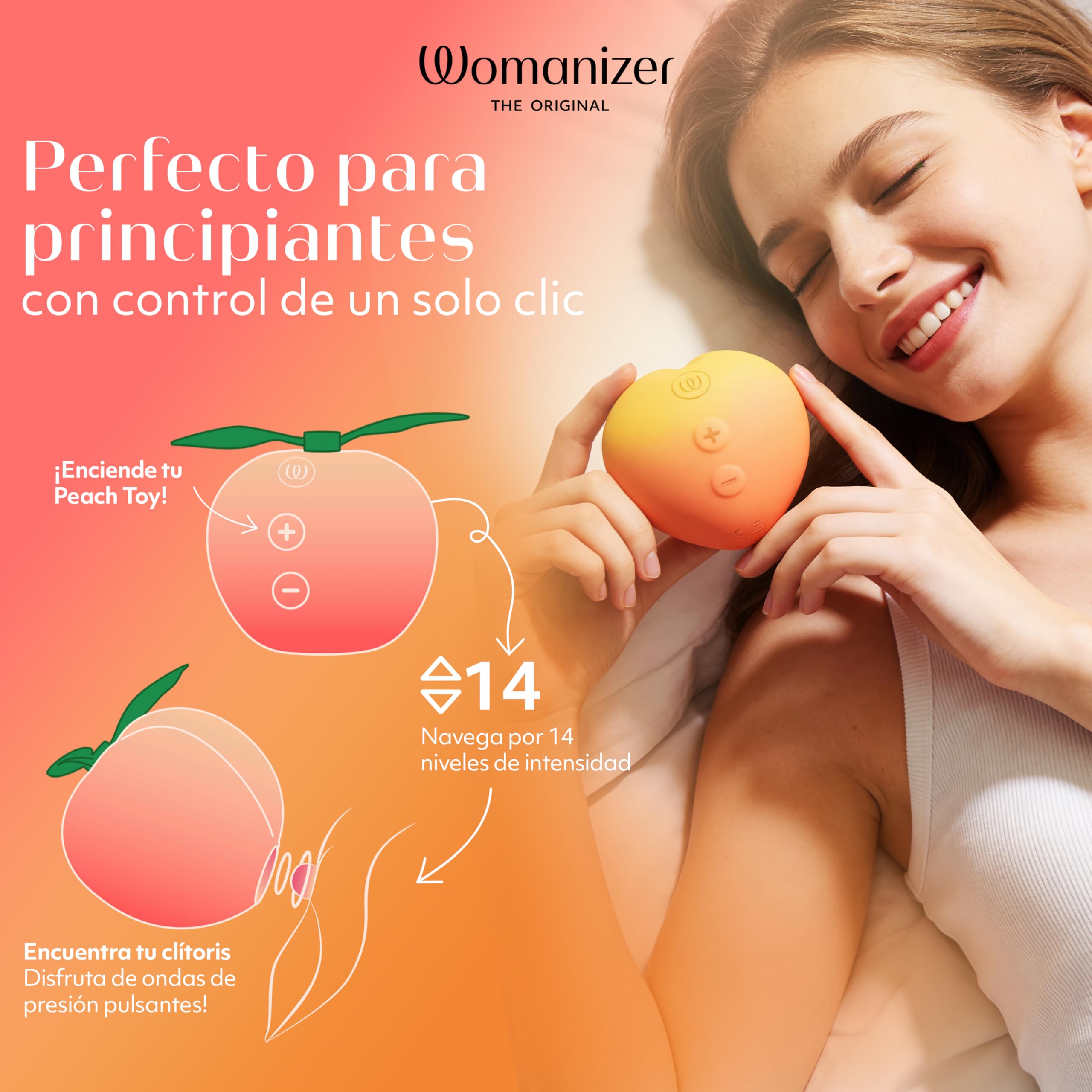 Womanizer Peach Succionador de Clítoris | Vibrador de Ondas de Presión Air Pulse | 14 Niveles | Cargador USB | Impermeable IPX7 | Cable de Carga y Base Soporte | Diseño Melocotón | Autonomía 60 min