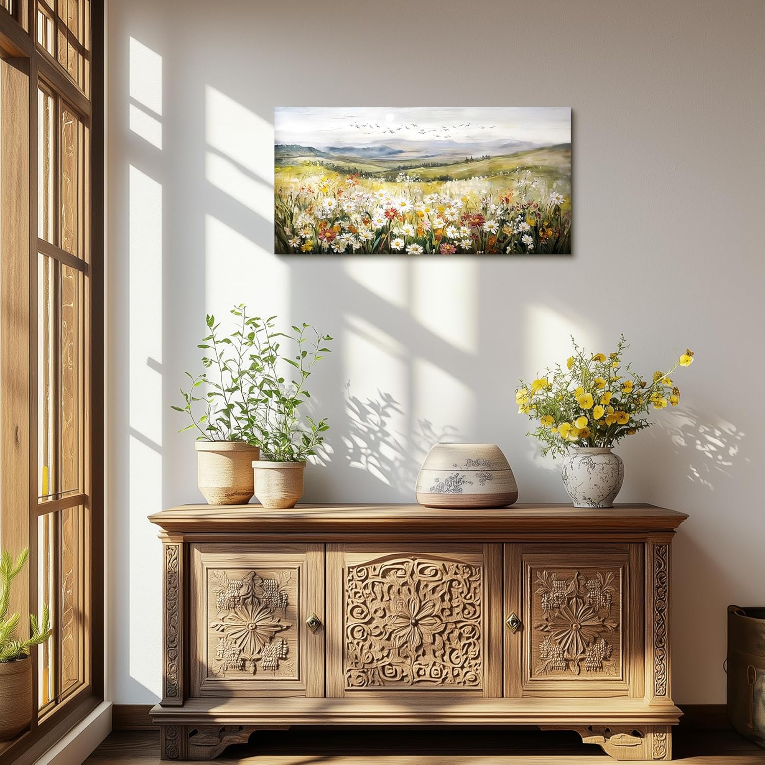 SERIMINO Green Rustic Landscape Wall Art, Mountain Floral Field Large Artwork, Meadow Daisy Scenery Canvas Prints, Nature Wildflower Wall Pictures for Living Room Kitchen Cottage Farmhouse 20X40 Inch