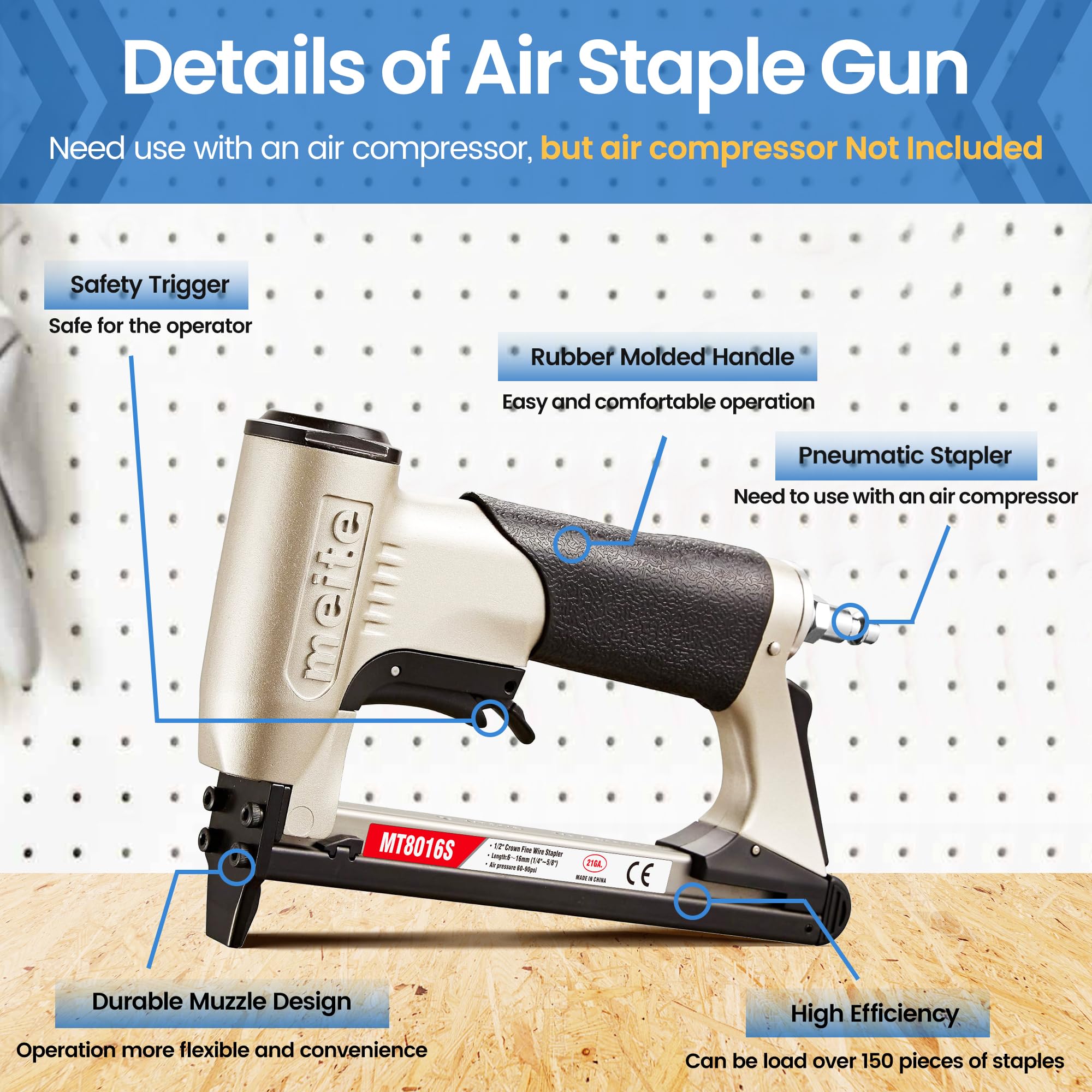 meite Cucitrice per tappezzeria con grilletto di sicurezza, per graffette a corona da 21 gauge da 1/2", pistola pneumatica resistente per lavorazione del legno, progetti professionali e fai da te