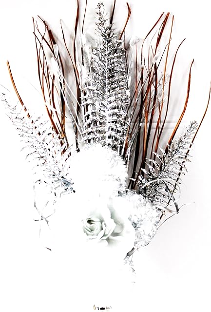 SIMPLY GIFTS HANDMADE ARTIFICIAL SILK, WHITE SILVER GLITTER FLOWERS, SILVER GLITTER ROSE BOUQUET ARRANGEMENT 80cm (NO VASE)