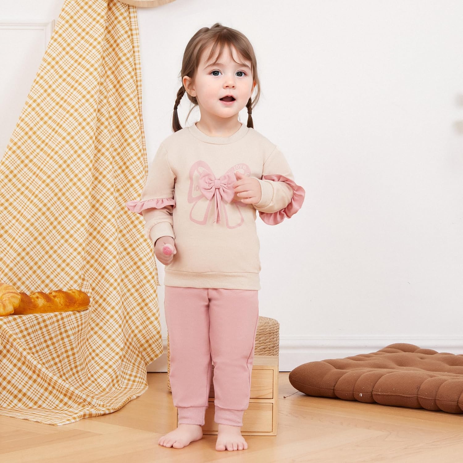 Kupretty Baby Girl Clothes Toddler Fall Winter Outfit Ruffles Crewneck Bow Pullover Sweatshirt + Joggers Pants Set - Image 3