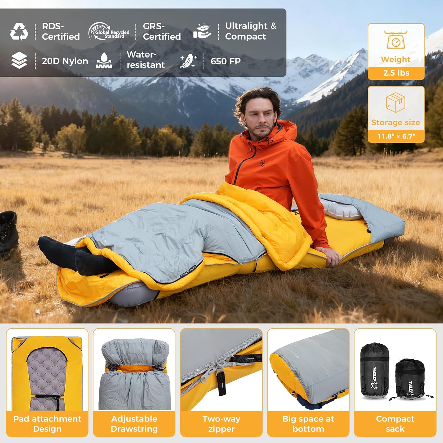 ATEPA Down Sleeping Bag for Adults, Recycled Ultralight 35°F 40°F 45°F 50°F 650FP / 700FP 3 Season Compact Sleeping Bags with Compression Sack for Backpacking Camping Hiking, Can Be Attached to Pad