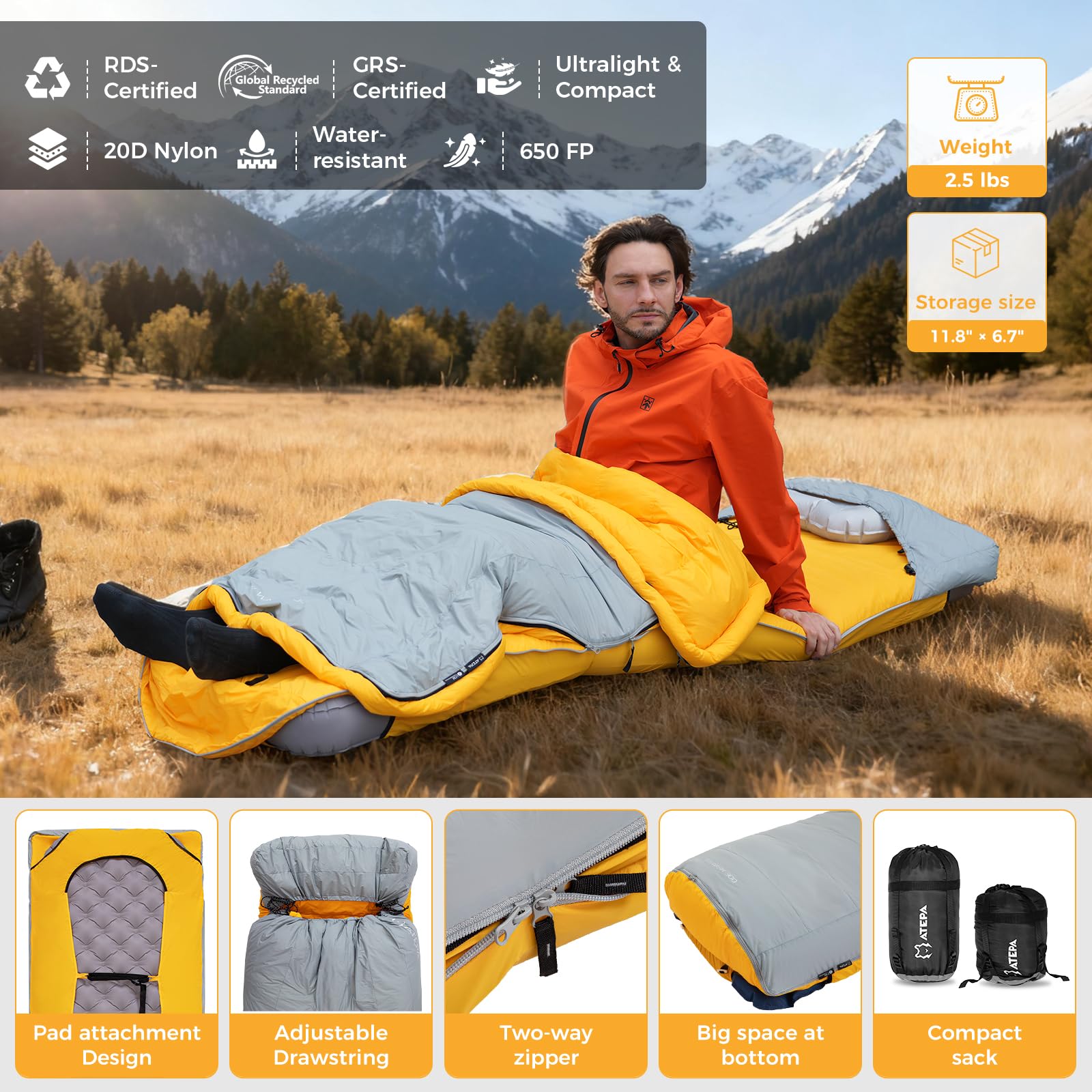 ATEPA Saco de Dormir de plumón para mochilero, Ultraligero, 650 FP, -6.7 °C/-1.1 °C 4 Estaciones, Saco de Dormir de 2 Piezas, Material reciclable con Saco de compresión, como Manta, Color Gris