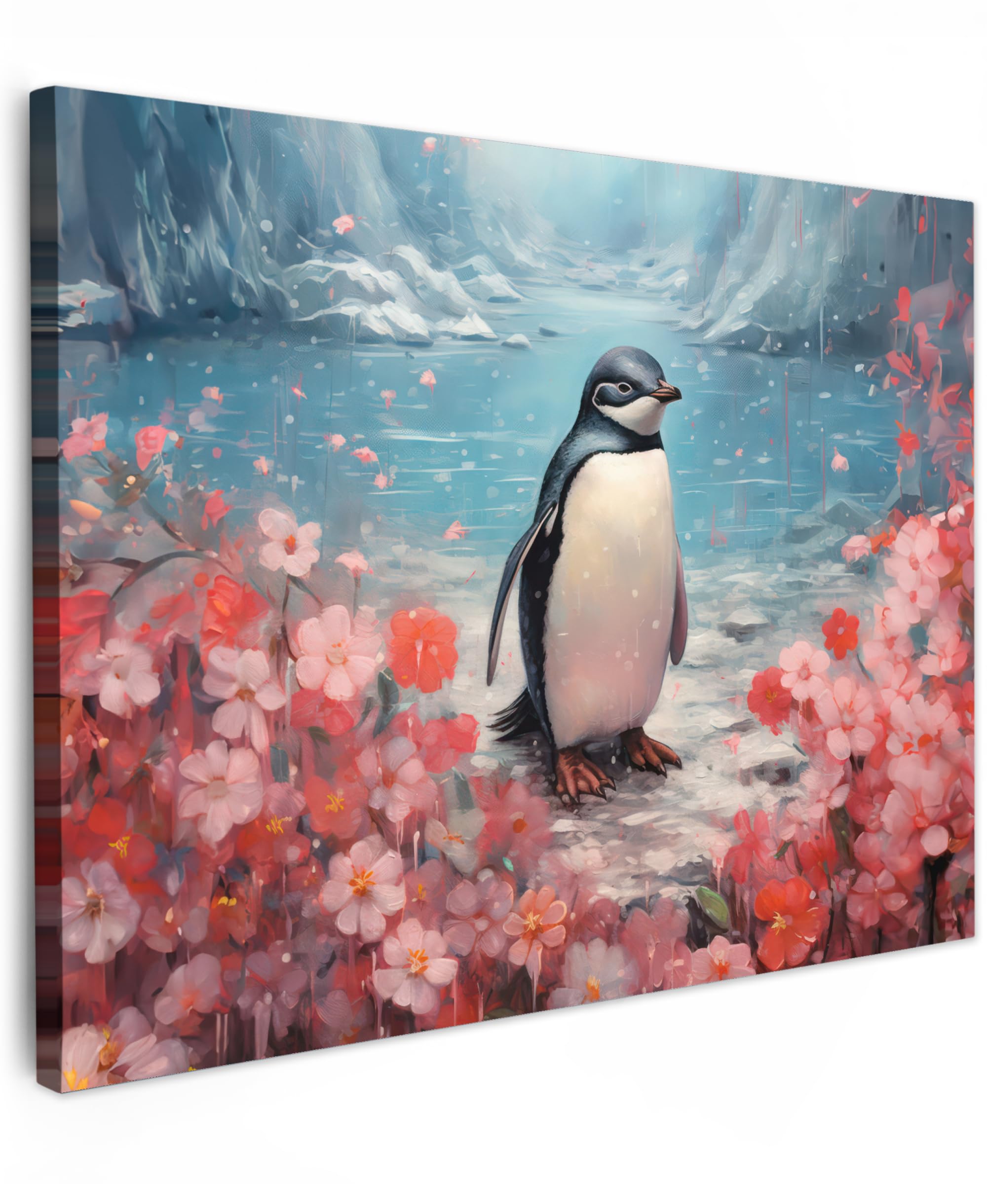 MuchoWow© Canvas Wall Art 31"x24" / 80x60 cm Decor Hanging Pictures for Living Room Canvus Artwork Deco Walls Penguin - Flowers - Pink - Animals — image 1