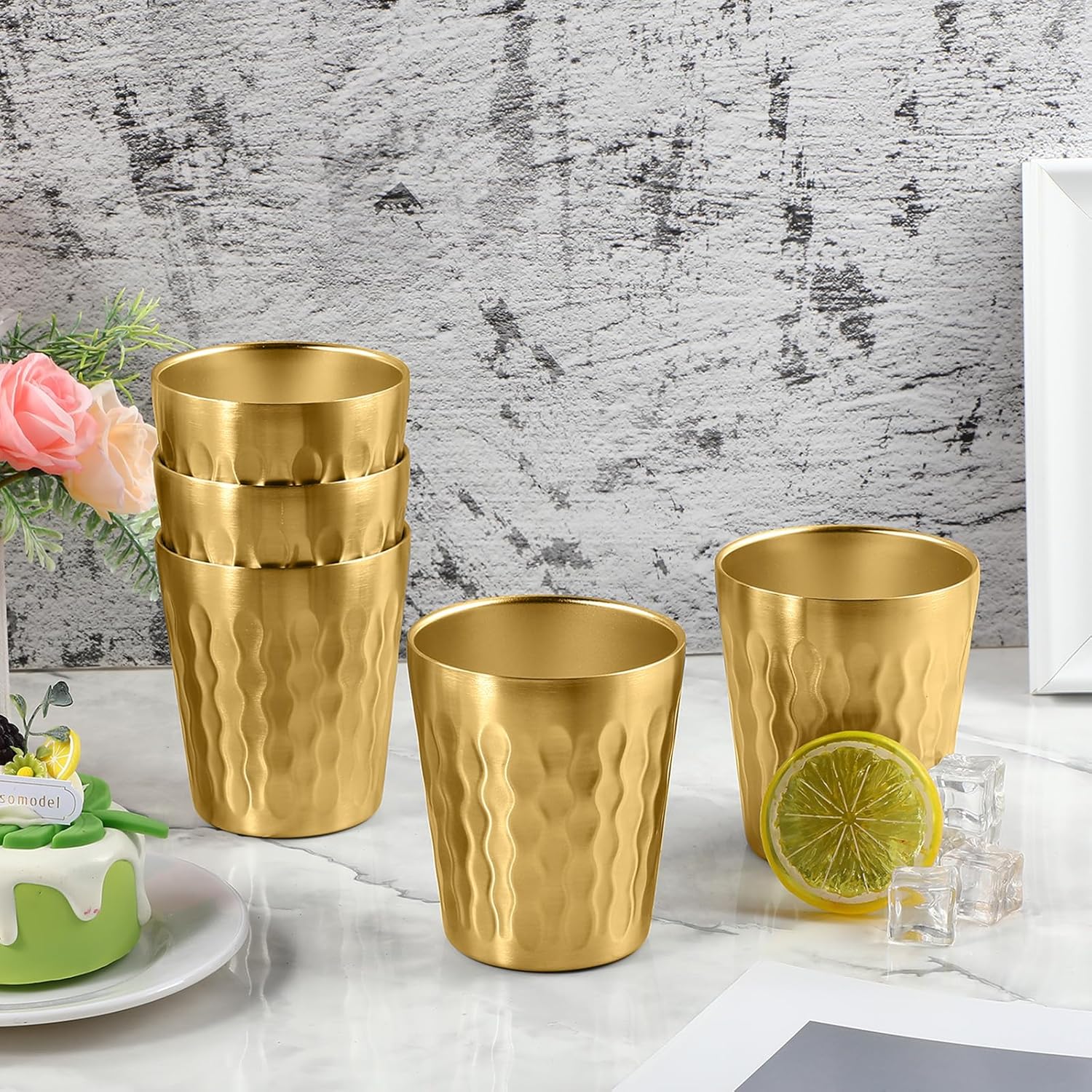 Skylety 12 Pcs Stainless Steel Cups Bulk 8.8 oz Gold Metal Drinking Cups Double Wall Tumbler Glasses Stackable Glasses Insulated Drinking Reusable Silver Camping Mug for Home BBQ Party