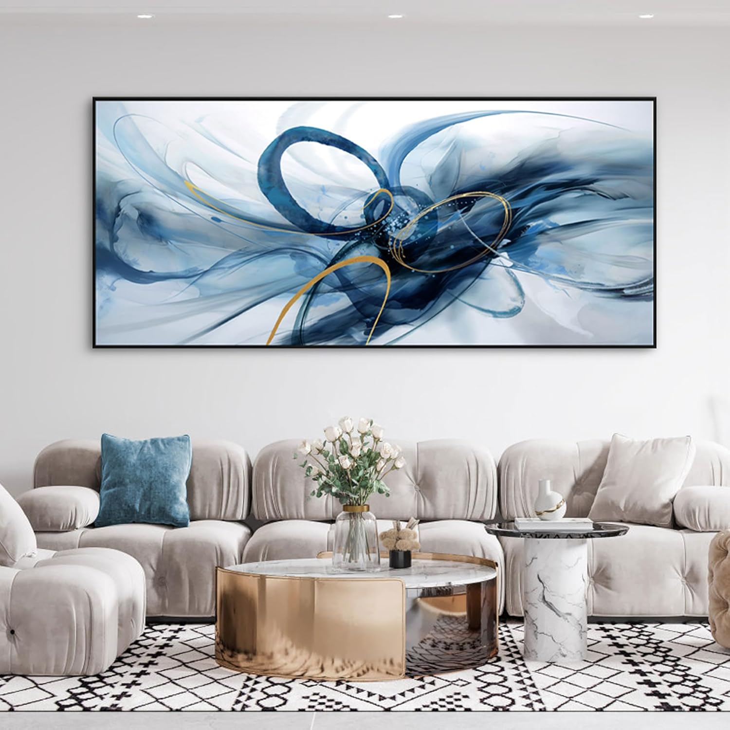 XLSJERST Large Abstract Canvas Wall Decor - Modern Living Room Wall Art Elegant Combination of Tones Black and White Gray Background Blue Gradient Picture Size 48x24