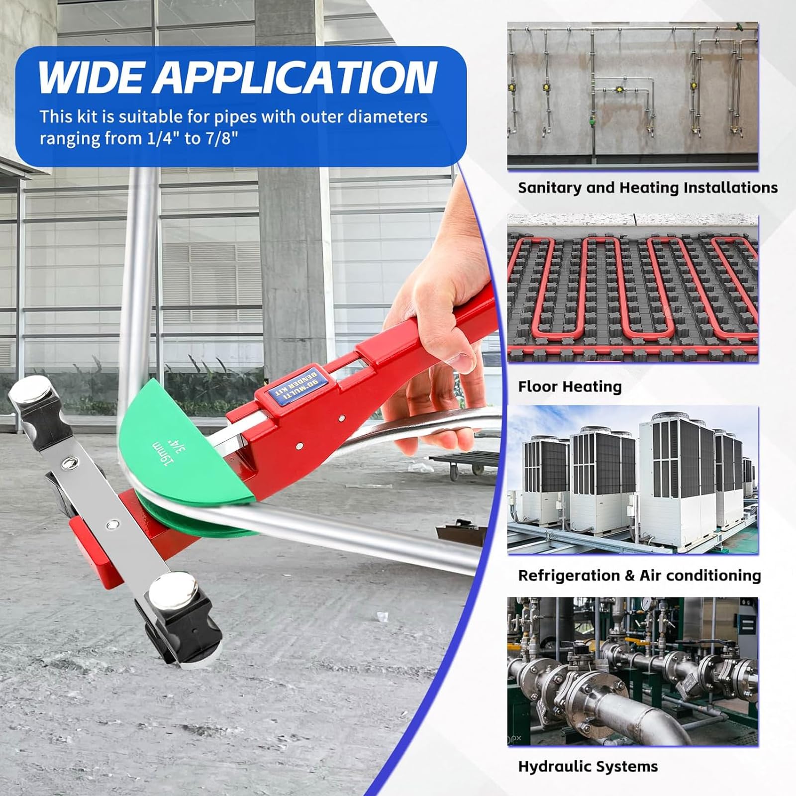 Piegatubi Manuale per Tubi in Rame 1/4"-7/8", Kit Macchina Piegatubi a Cricchetto con 7 Teste, 90° Avanti/Indietro, Alesatore Interno Esterno, per HVAC, Aria Condizionata e Riparazione Idraulica