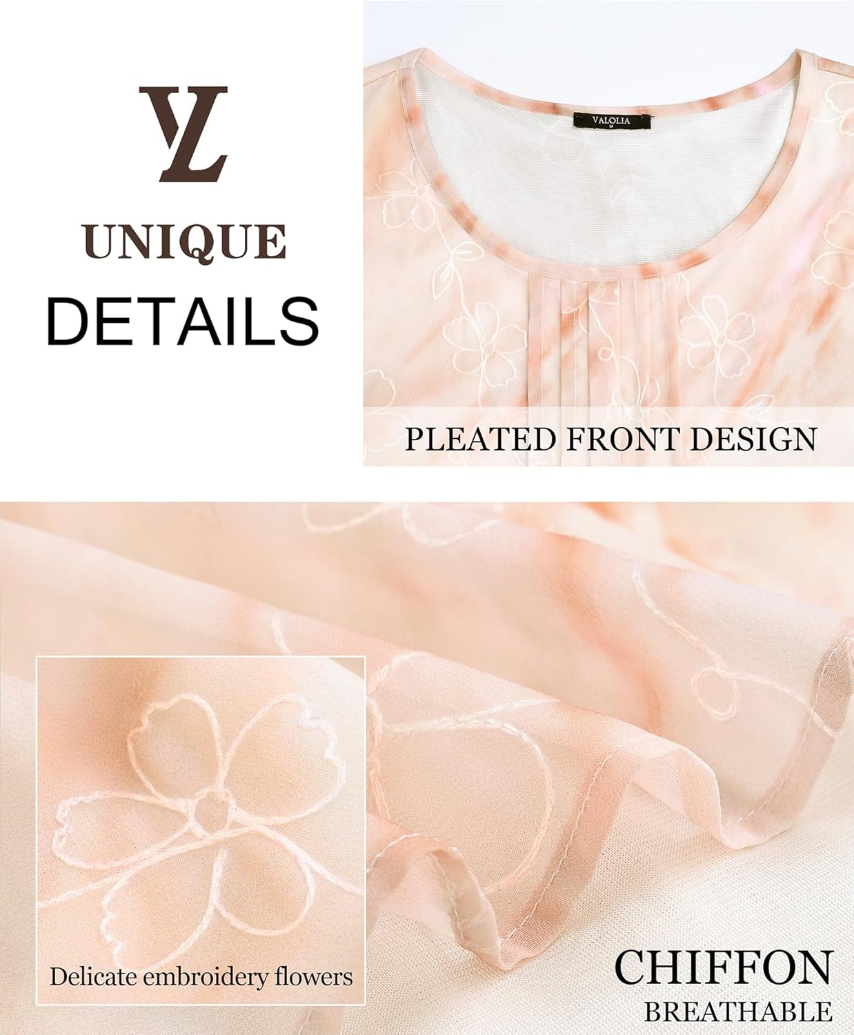 VALOLIA Womens 3/4 Sleeve Blouses Tops Dressy Casual Chiffon Pleated Embroidery Layered Shirts - Image 6